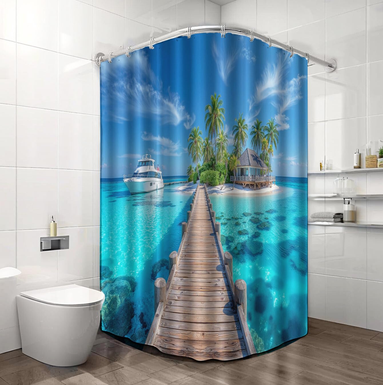 Rideau Douche,Rideau Baignoire Lavable en Machine Rideaux Douche Tissus Lavable Rideau De Baignoire Lavable pour Salle De Bain Domicile Baignoire Famille,Pier Island,