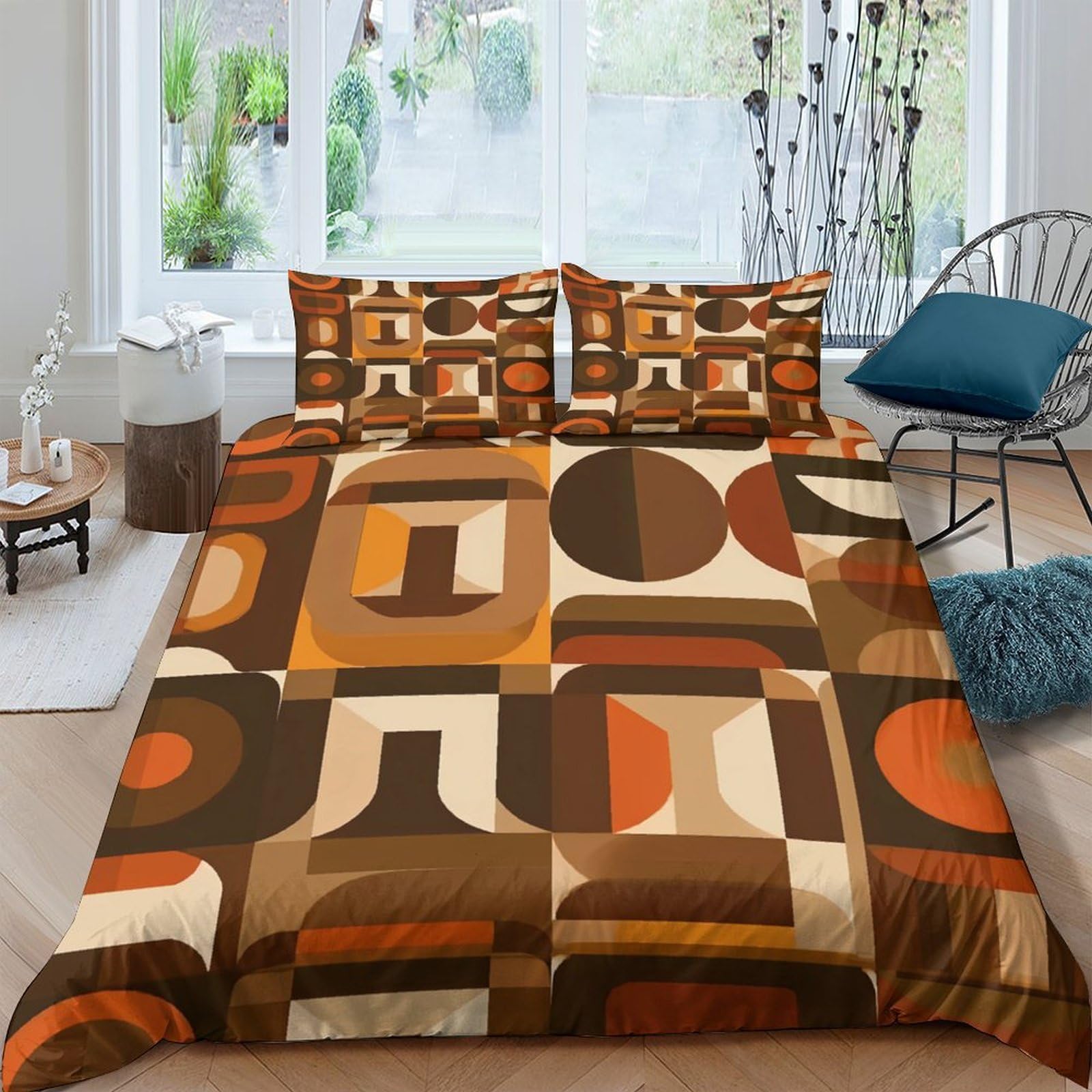 Ctjqhvkz Style-5 3D Printed Retro Geometric Fitted Sheet Microfiber Soft Brown Orange Abstract Bed Cover For Bedroom Guest Room Dorm Decor Single（135X200cm）