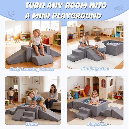 Miniatura 7 de STAOLENE Bloques de escalada de espuma suave con pozo de bolas, 6 juguetes grises de escalada para niños pequeños, juego de actividades de escalada
