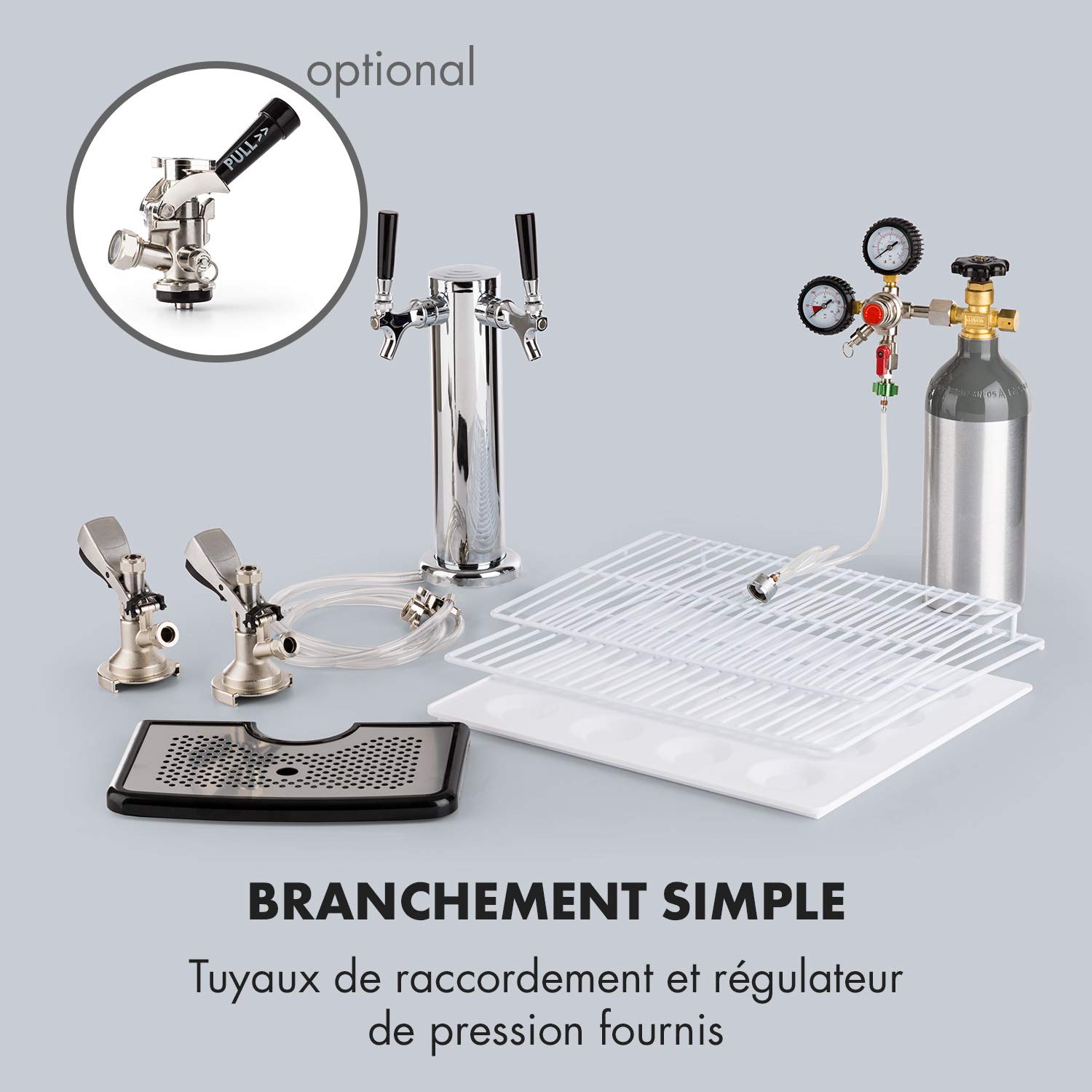 KLARSTEIN Big Dispenser Double - Réfrigérateur pour fût, 4 roulettes, Température réglable, Avec colonne de soutirage - Argent/Noir
