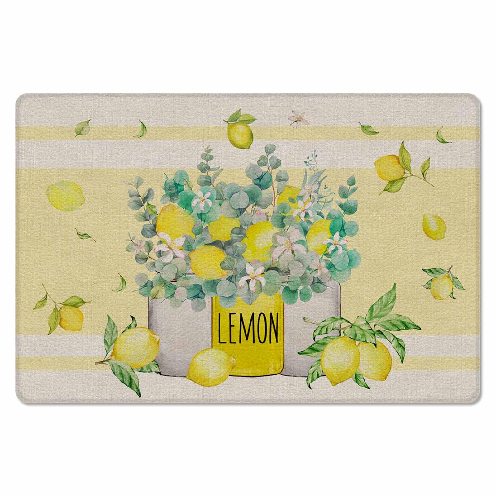 Eucalyptus Lemon Antifatigue Kitchen Bath Door Mat Cushioned Runner Rug,Washable Welcome Floor Sink Mat,Waterproof & Non-Slip Standing Doormat for Kitchen,Retro Summer Tropical Bottle Flower 24