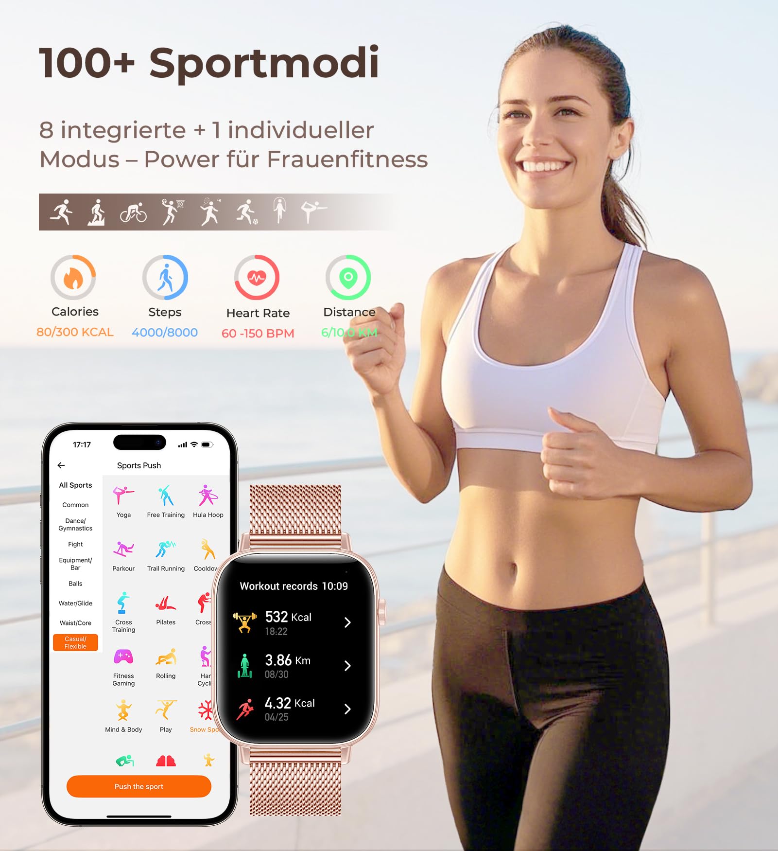Iaret Smartwatch Damen, 4 Armbänder + 2 Charms, 1,83" HD Touchscreen Armbanduhr, Bluetooth Anrufe, 100+ Sportmodi Fitness Tracker, Schrittzähler/SpO2/Schlaf/Menstruation, iOS/Android, Weiß