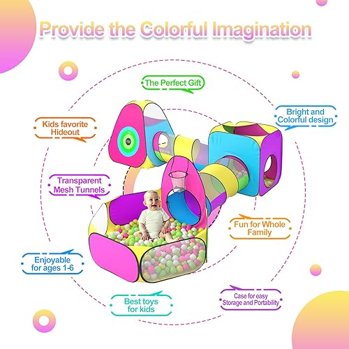 Miniatura 5 de Tienda de campaña infantil para niños con 1 bola de bebé 2 túneles de arrastre de bebé 2 tiendas emergentes juguetes de casa de juegos para niños y