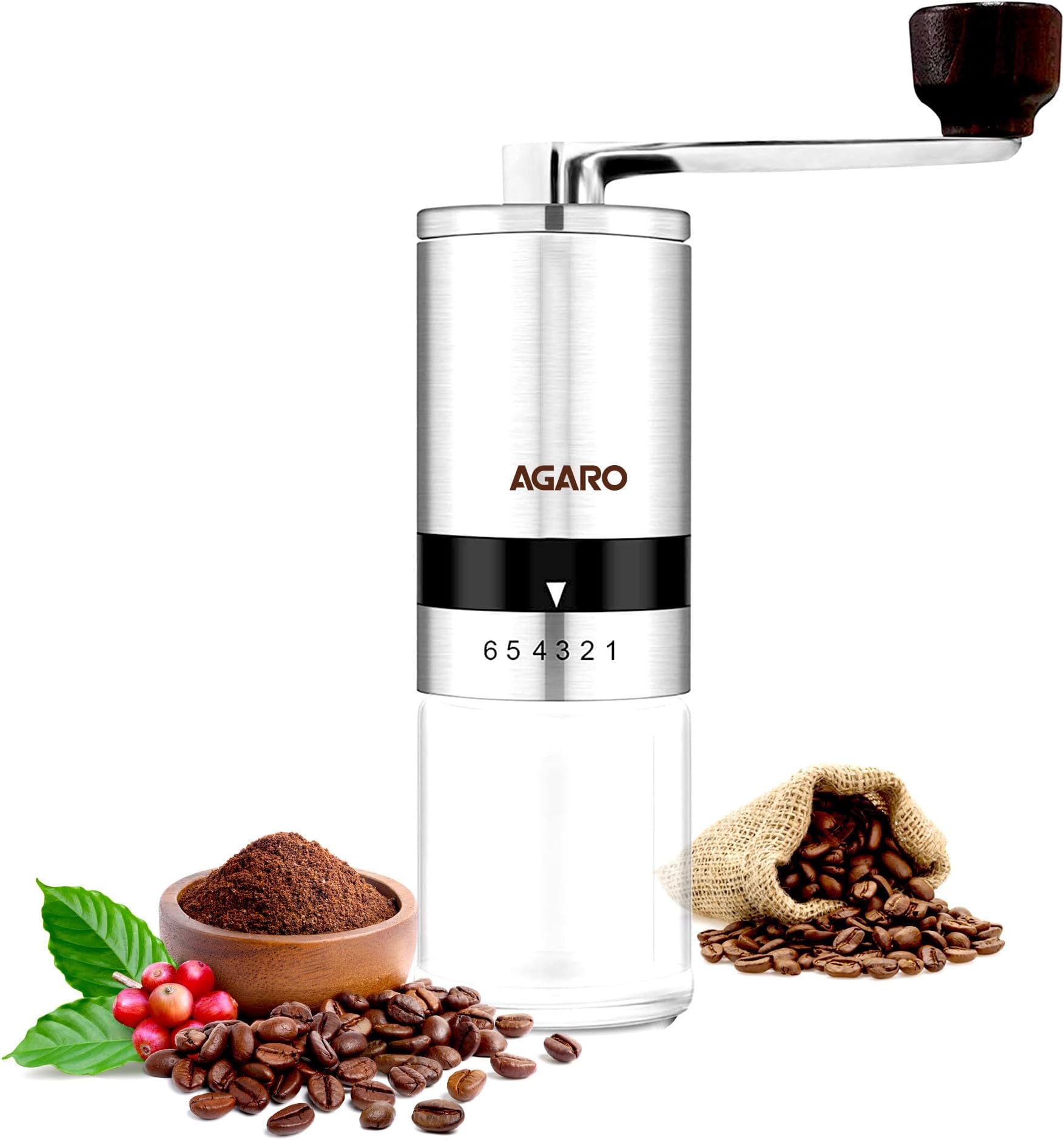 Elite Manual Coffee Grinder, Ceramic Grinder with Glass jar, 6 Adjustable Settings, Stainless Steel Body, Tooth Handle, No Power, Whole Bean, Drip Coffee, Espresso, Silver