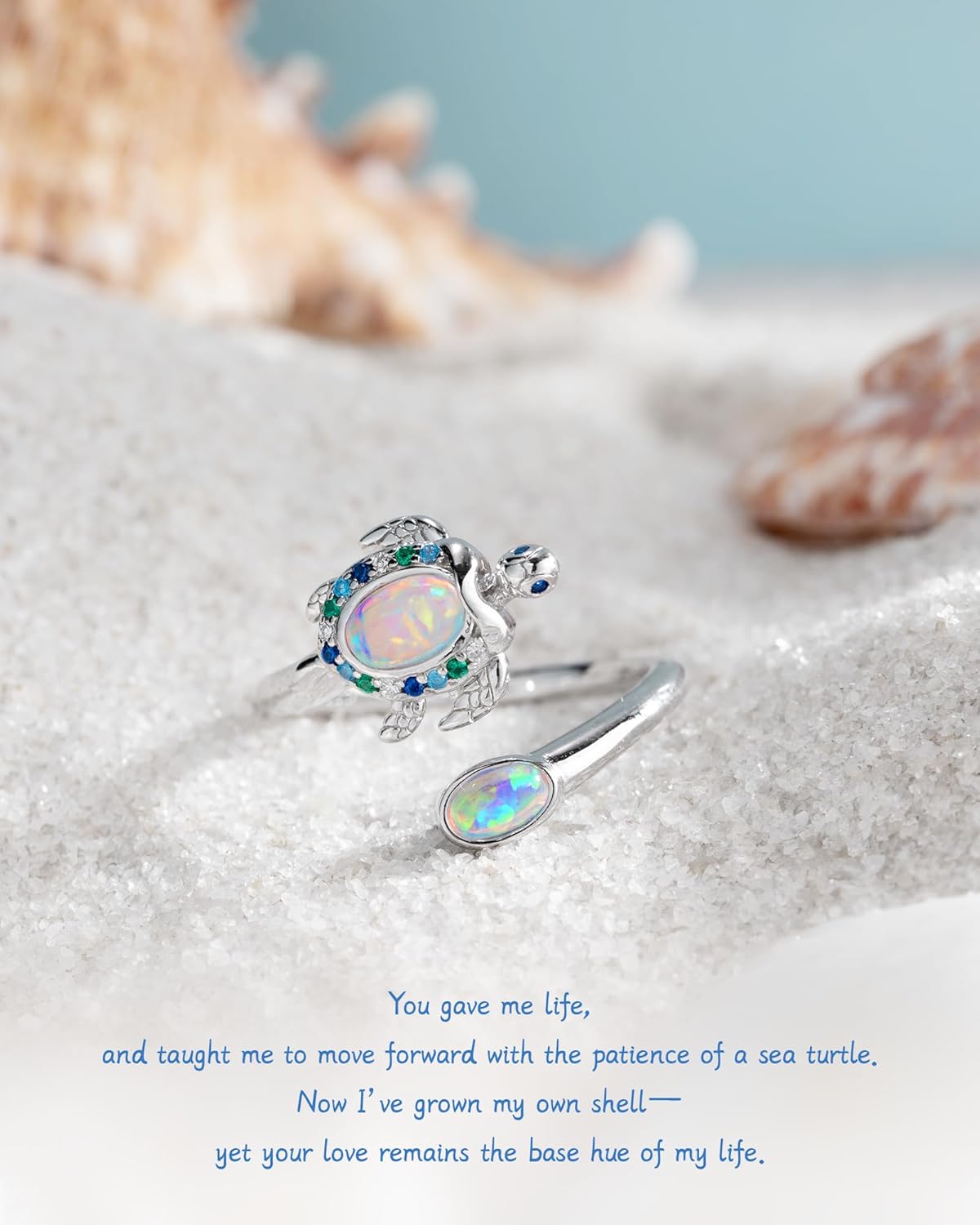 925-Sterling-Silver Opal/Turquoise Sea Turtle/Dolphin/Sea Life Ring - Inspirational I Love You Forever Adjustable Open Nature Ocean Mother Daughter Ring Cute Animal Jewelry Gifts for Women - Image 2