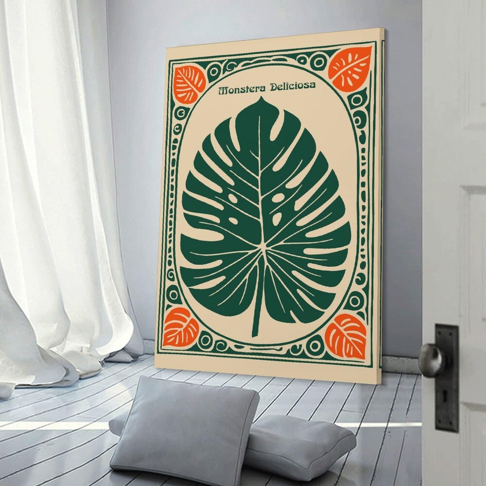 Junmoney Monstera Deliciosa Leaf Illustration Canvas Wall Decor, 24x36inch(60x90cm), for New Homes, Bedrooms Or Workspaces, Gift Idea for Housewarming And Birthdays
