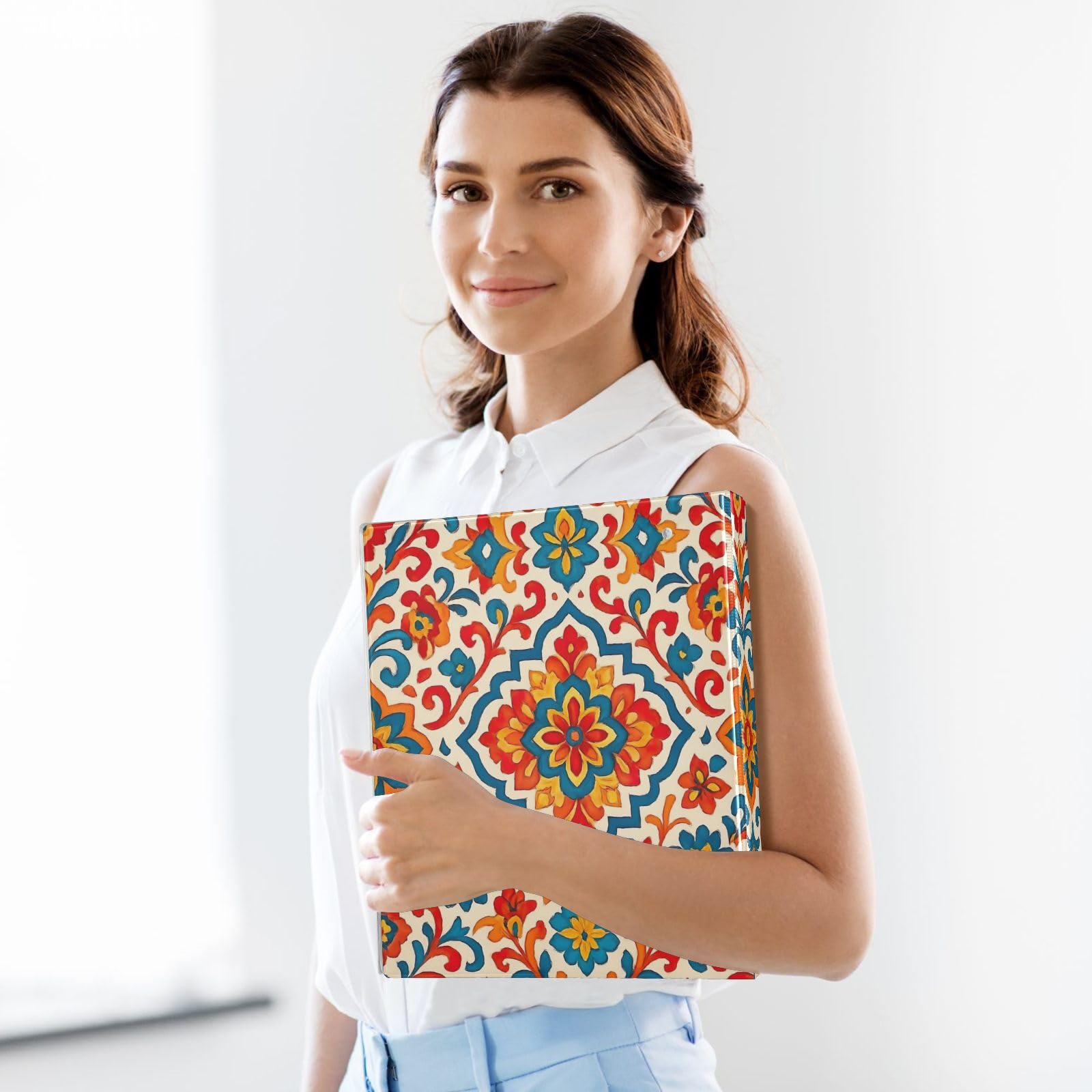 Carpeta floral española naranja de tres anillos de 1.5 pulgadas, carpeta de anillos en D, paquete de 2 | Con portapapeles y bolsillos, para escuela, universidad, oficina