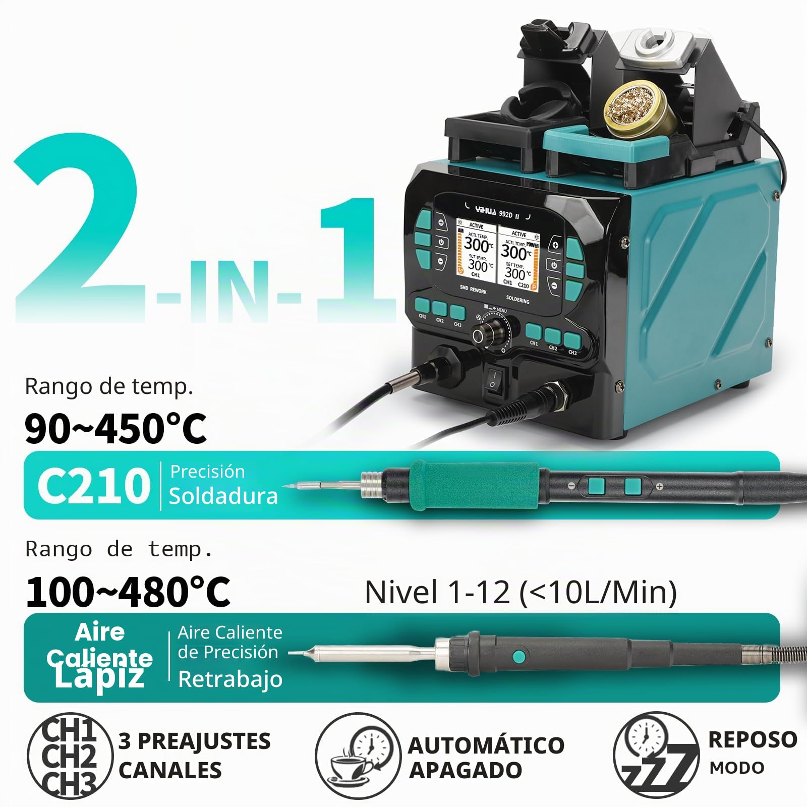 YIHUA 992D-II Kit de Soldador Estaño de precisión 2-EN-1 con lápiz de aire caliente y soldador de precisión C210 de Estacion de Soldadura, pantalla LCD dinámica, 8 boquillas de aire caliente
