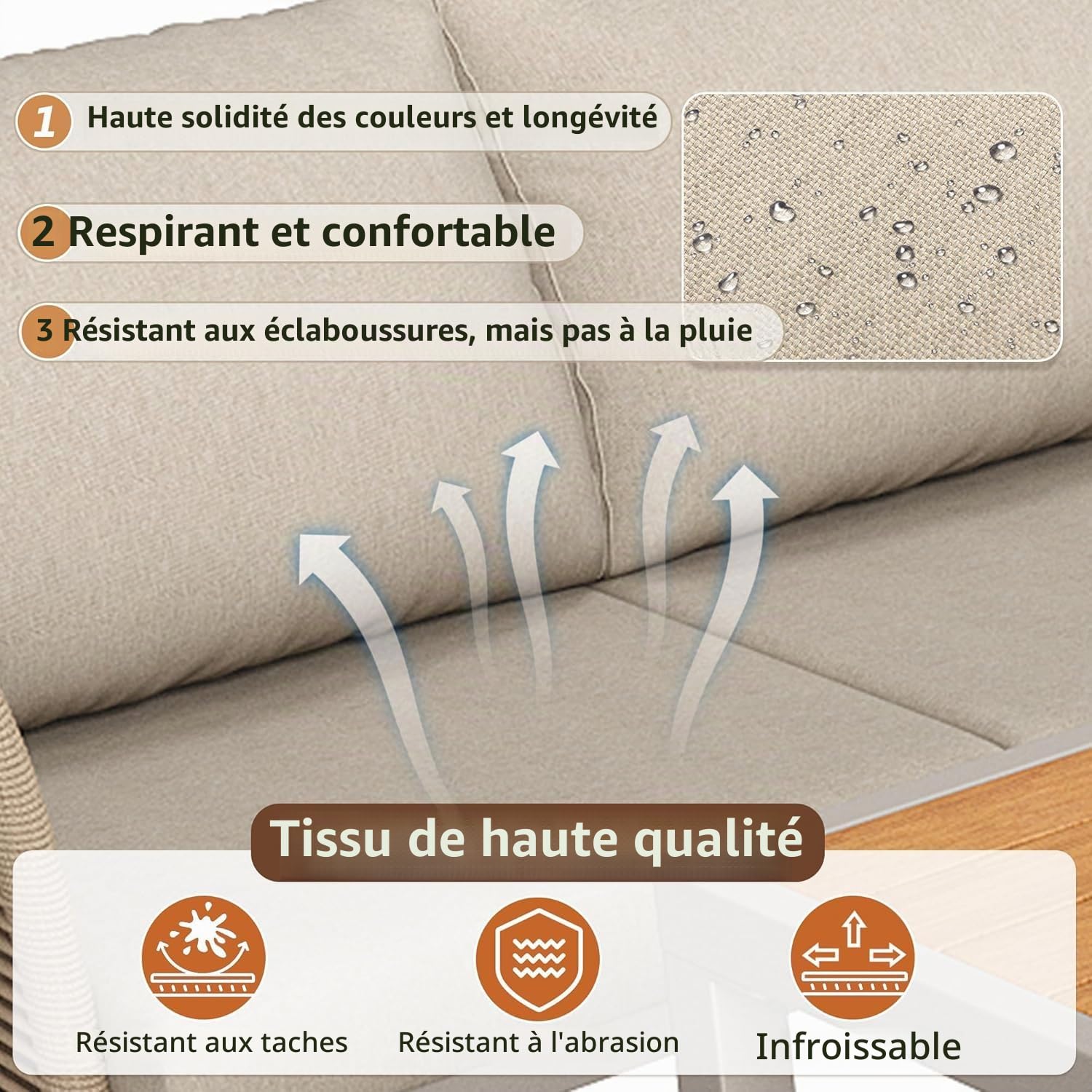 Ensemble Salon de Jardin Modulable 7 Places en Forme de L, Canapé d'Angle avec Accoudoirs Tressés et Structure Fer Antirouille, Table Basse en Bois Composite WPC, Coussins Épais de 9 cm Inclus, Beige.