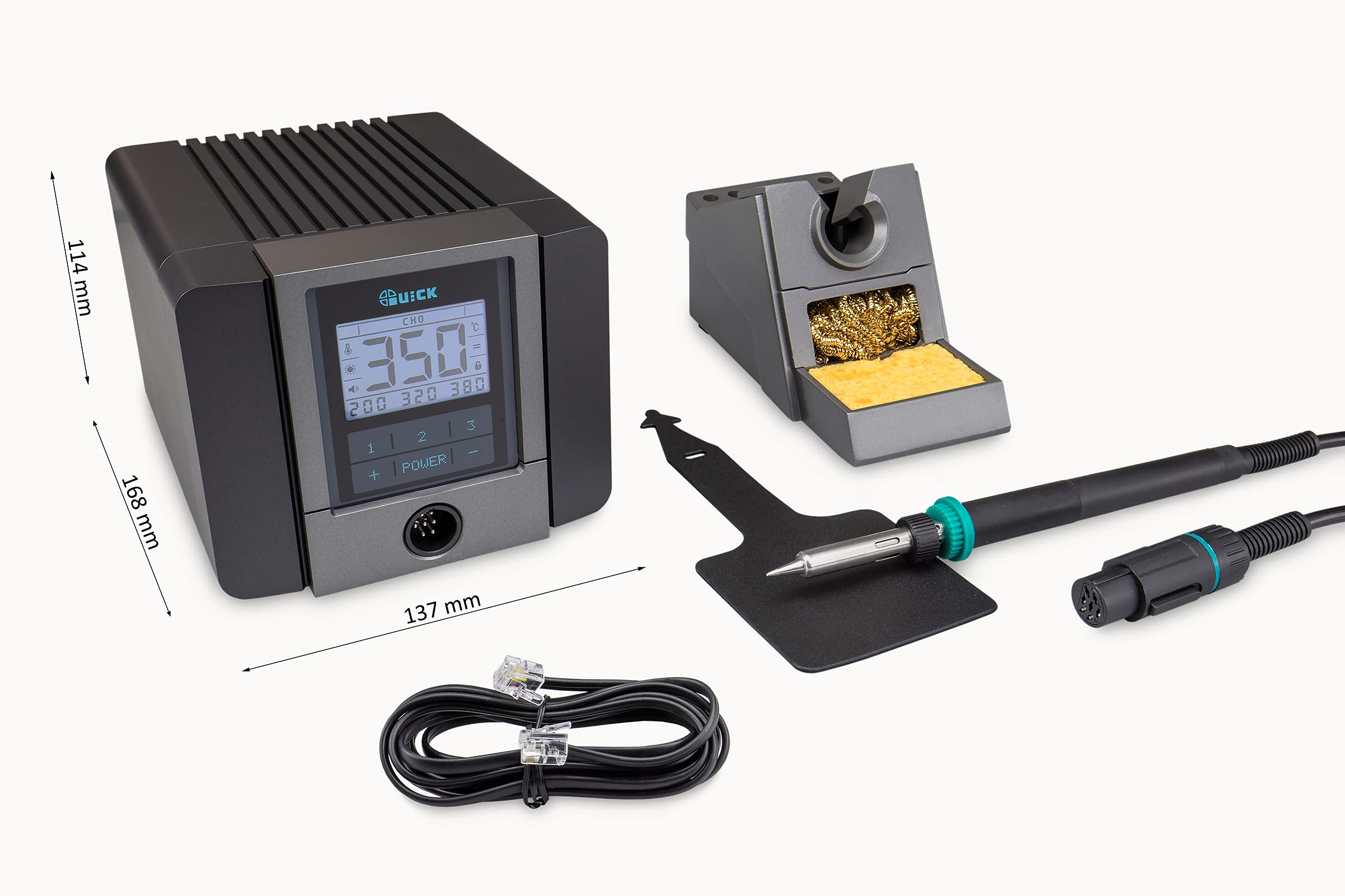 QUICK TS2200 ESD regolabile digitalmente, 90 Watt, con saldatore con elemento riscaldante ad alte prestazioni e accessori, stazione di saldatura SMD, per industria, laboratorio, scuola e hobby