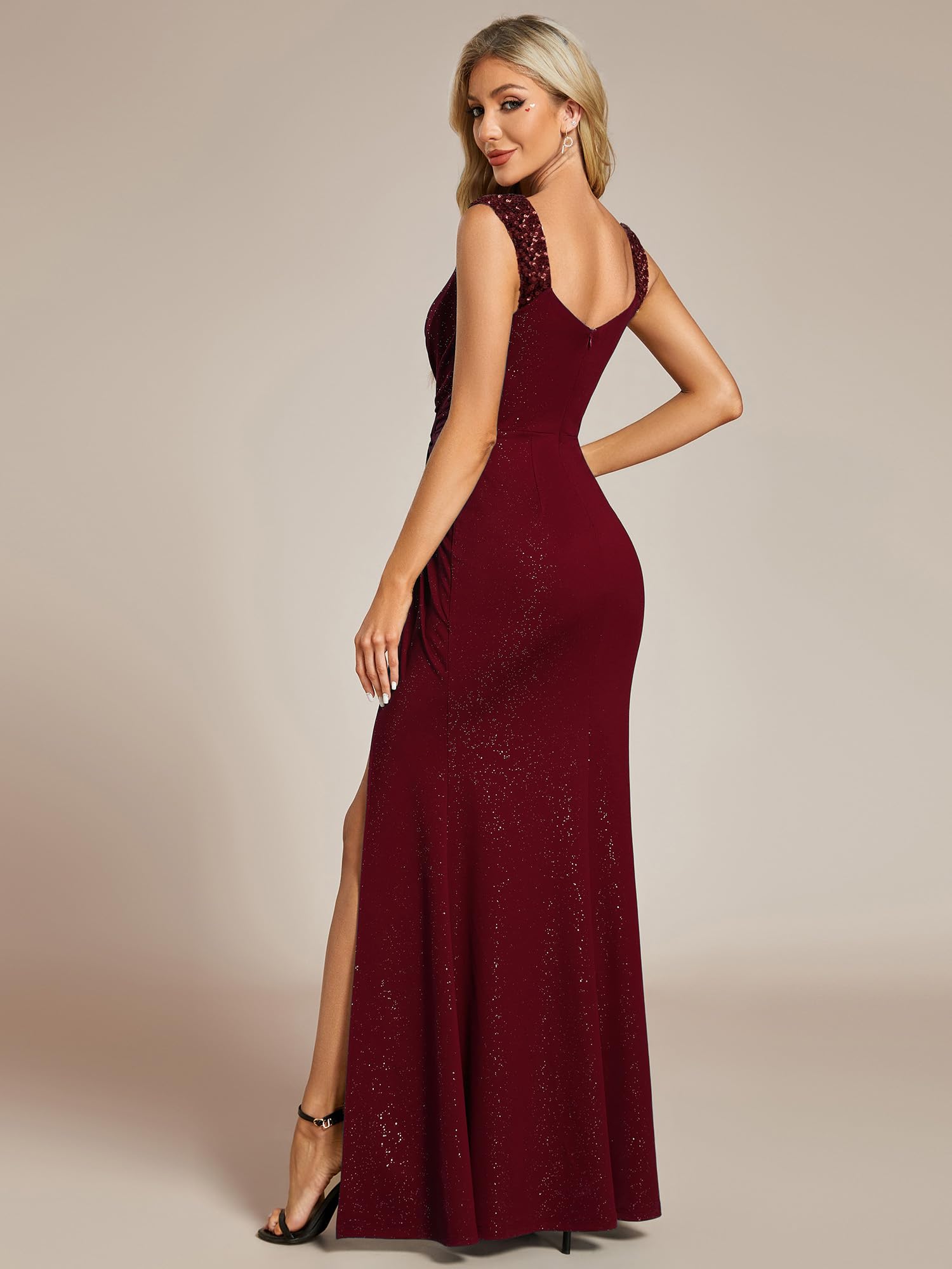 Ever-Pretty Robe de Soirée Femme Longue Moulante Fendu Col V Plis Bandoulière à Sequins Haute Élasticité EE01888