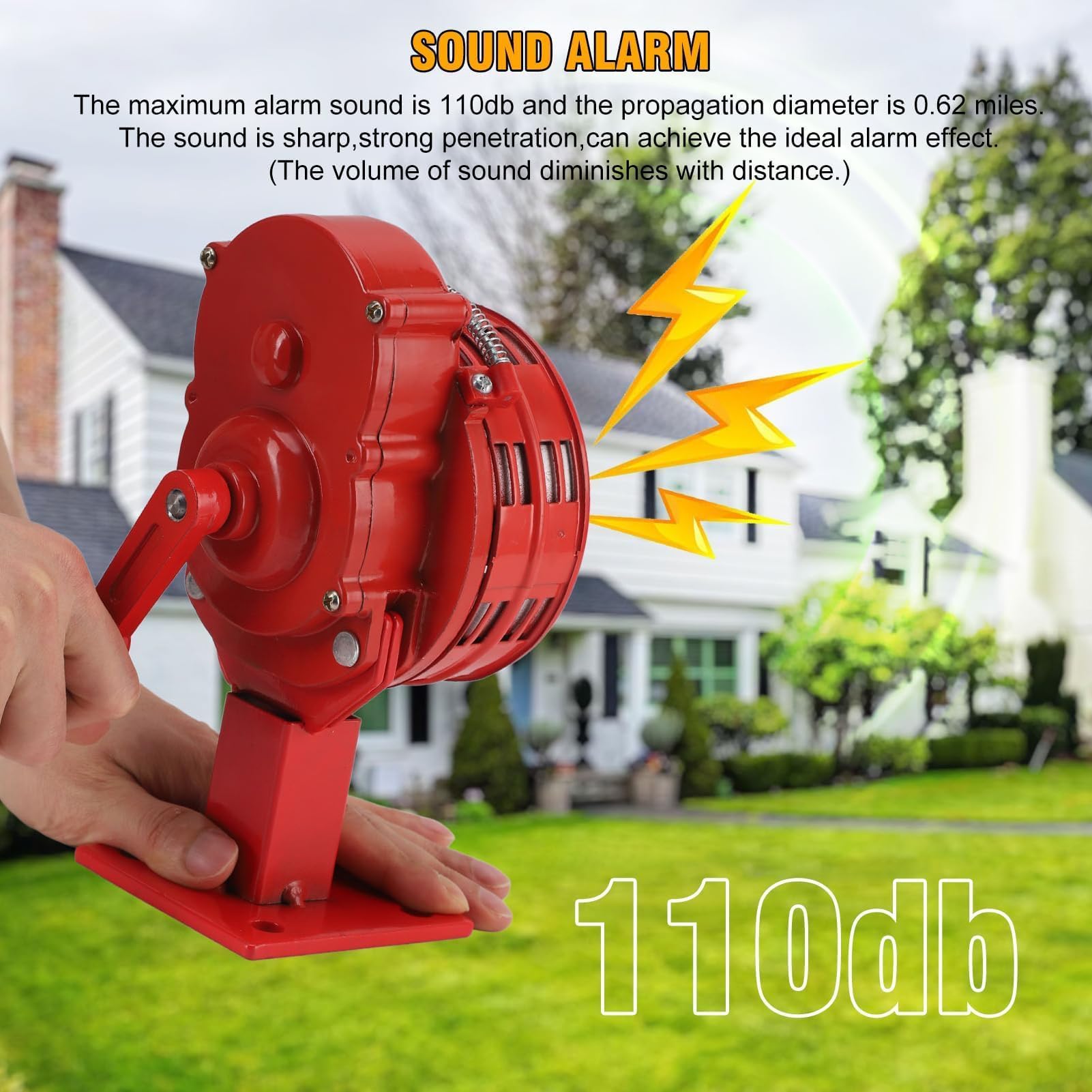 Sirena di Allarme Manuale in Metallo, 110dB, Sirena di Emergenza a Manovella con Base, Colore Rosso
