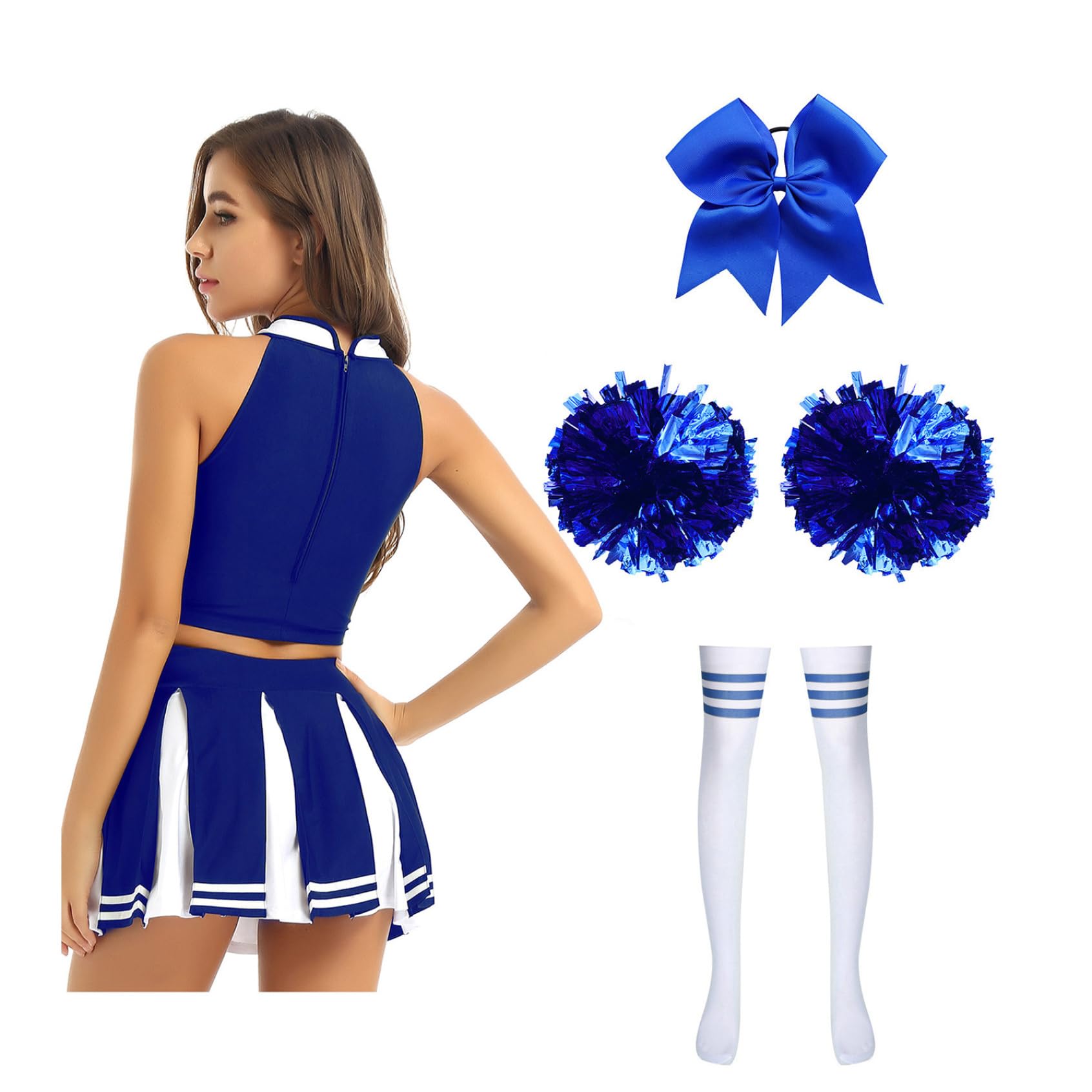 5Pcs Damen Cheer Leader Kostüm Cheerleading Uniform Crop Top mit Minirock Zubehör Cheer Outfits Halloween Karneval Fasching Tanzkostüm
