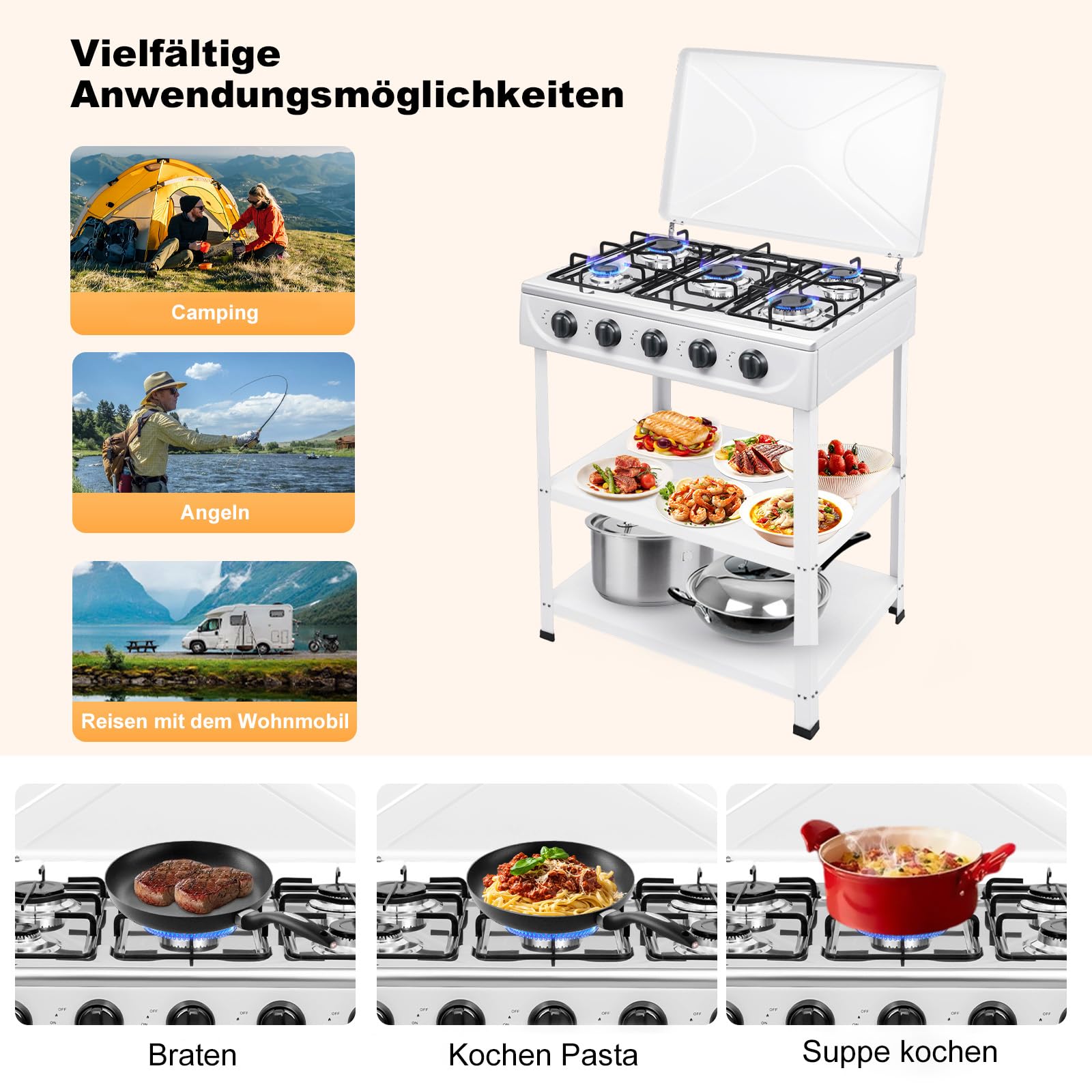 5 Flammiger Gaskocher Freistehender Campingofen Gasherd Gaskochfeld 5 Brenner für Camping Outdoor Gaskocher Tragbarer Gasherd für Wohnmobil mit Ablageflächen (Weiß, Fünf-Gitter)