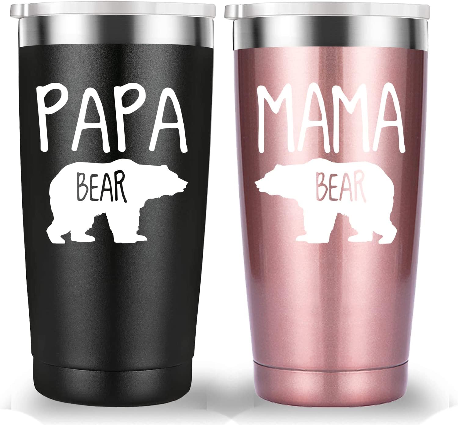 Papa Bear Mama Bear Travel Mug Tumbler.Couple Gifts.Fathers Day Mothers Day Birthday Christmas Gifts Ideas for New Parents Grandparents Pregnancy New Mom New Dad.(20oz Black&Rose Gold)