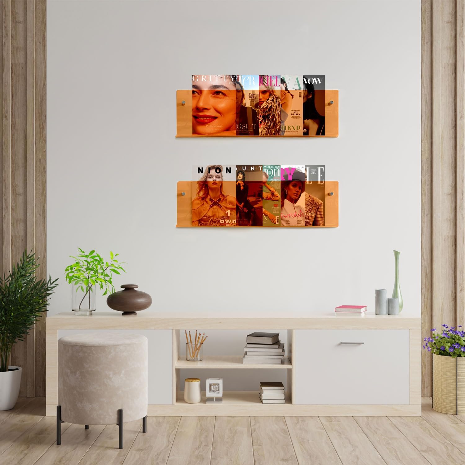 2 Pack Acrylic Magazine Holder, Wall Mounted Magazine Rack Floating Bookshelf for Waiting Room, Living Room, Office, Home (Orange, 24 Inch)