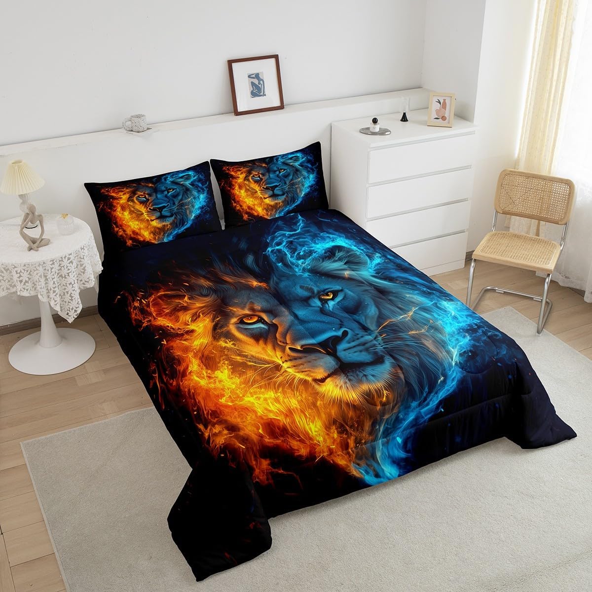 Manfei Wild Lion Comforter Set for Kids Orange Blue Flame Misty Bedding Set Lion Africa Animal Bedding Home Decor Soft Polyester Comforter King Size 3 Pieces Quilted Duvet with 2 Pillowcase - Image 4