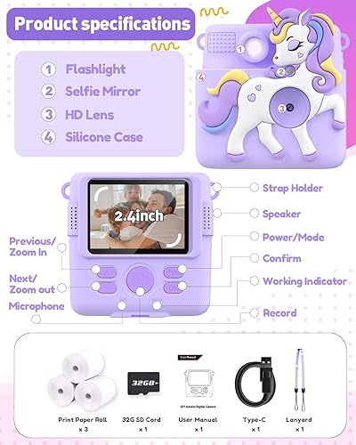Miniatura 6 de Cámara para niños con impresión instantánea para niñas de 4 a 12 años, cámara instantánea para niños con funda de silicona, juguetes de cámara