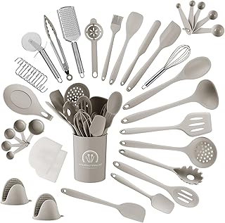 Kitchen Utensil Set, 43 Ustensiles de cuisine silicone. Ustensiles Cuisine résistants aux hautes températures et antiadhésifs. Lot Ustensile Cuisine, lavable au lave vaisselle (Kaki)