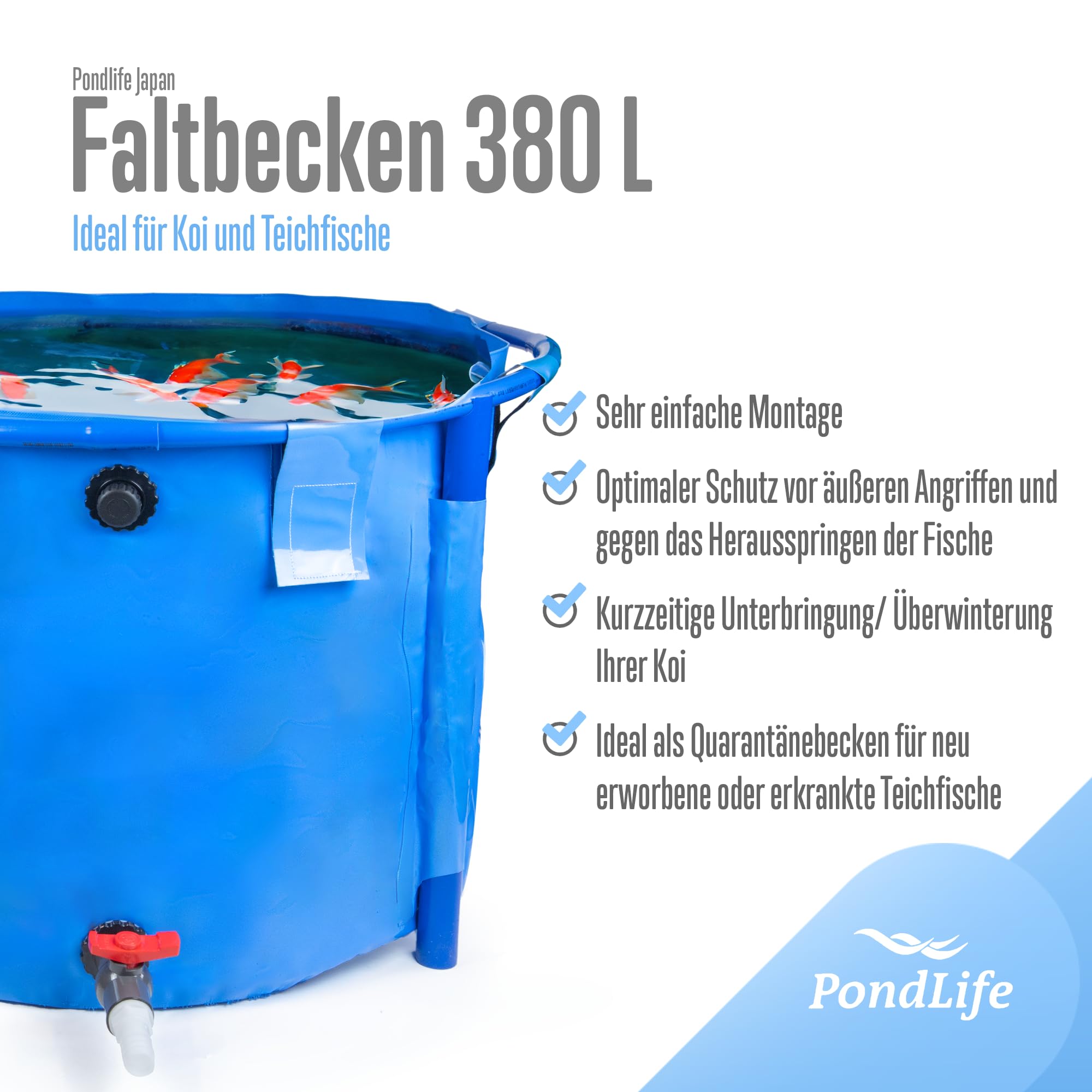 Pondlife Faltbecken für Koi und Teichfische Ø 90cm x Höhe 60cm 380 Liter faltbares Becken stabile PVC-Folie UV-beständig