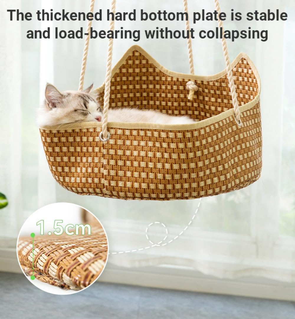 Cat Hammock Summer Cool Cat Cage Rattan Cat Nest Hanging Basket Balcony Cat Basking Sun Cat Bed Pet Supplies (Rattan)