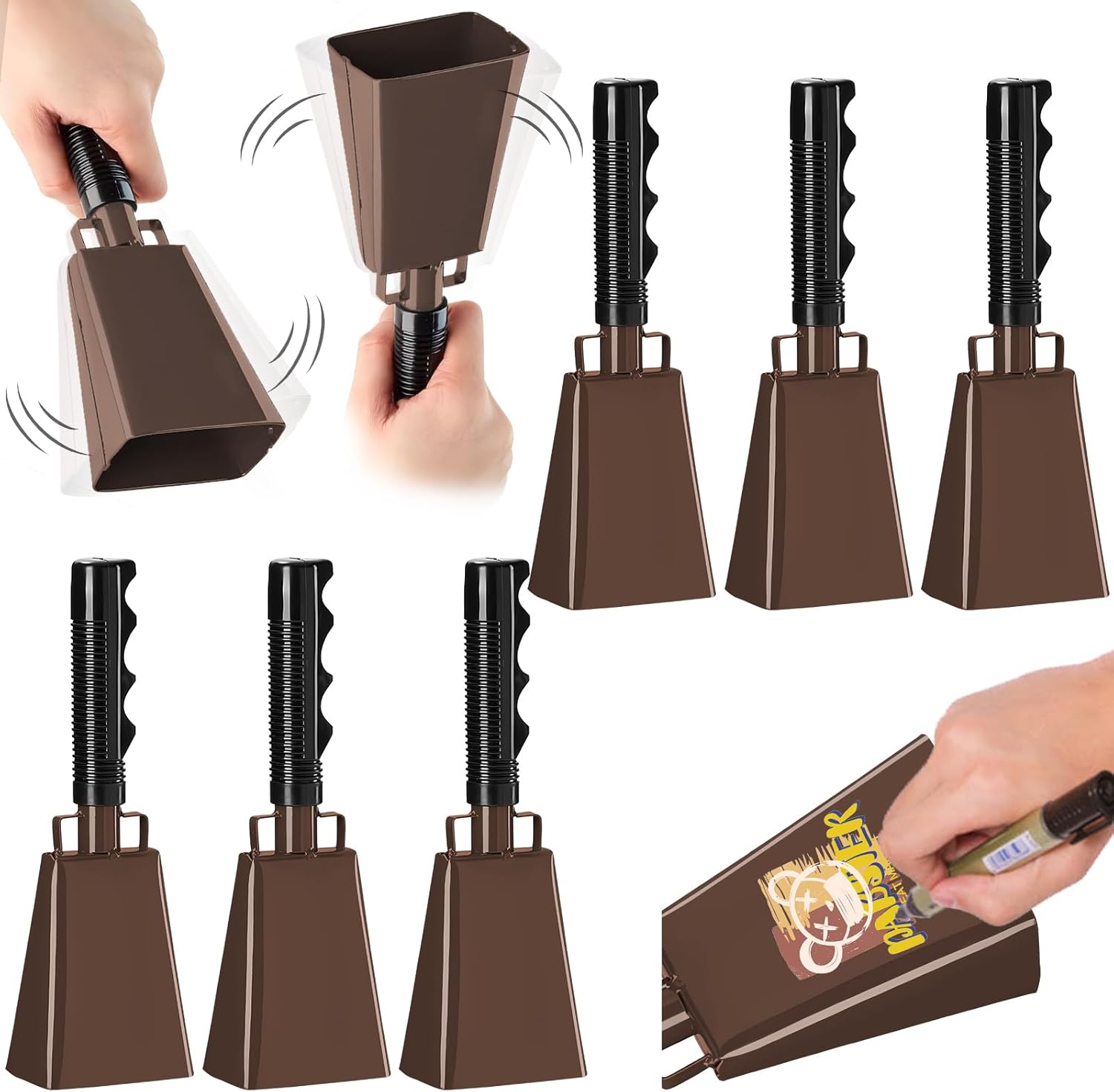 6 Pack Cowbells DIY Cow Bells Noise Makers 10 Inch Cow Bell with Handles, Cheering Bells for Sporting Event, Cheering Noise Makers for Football Games, Concert, School Graduation, Party (10, Chestnut)