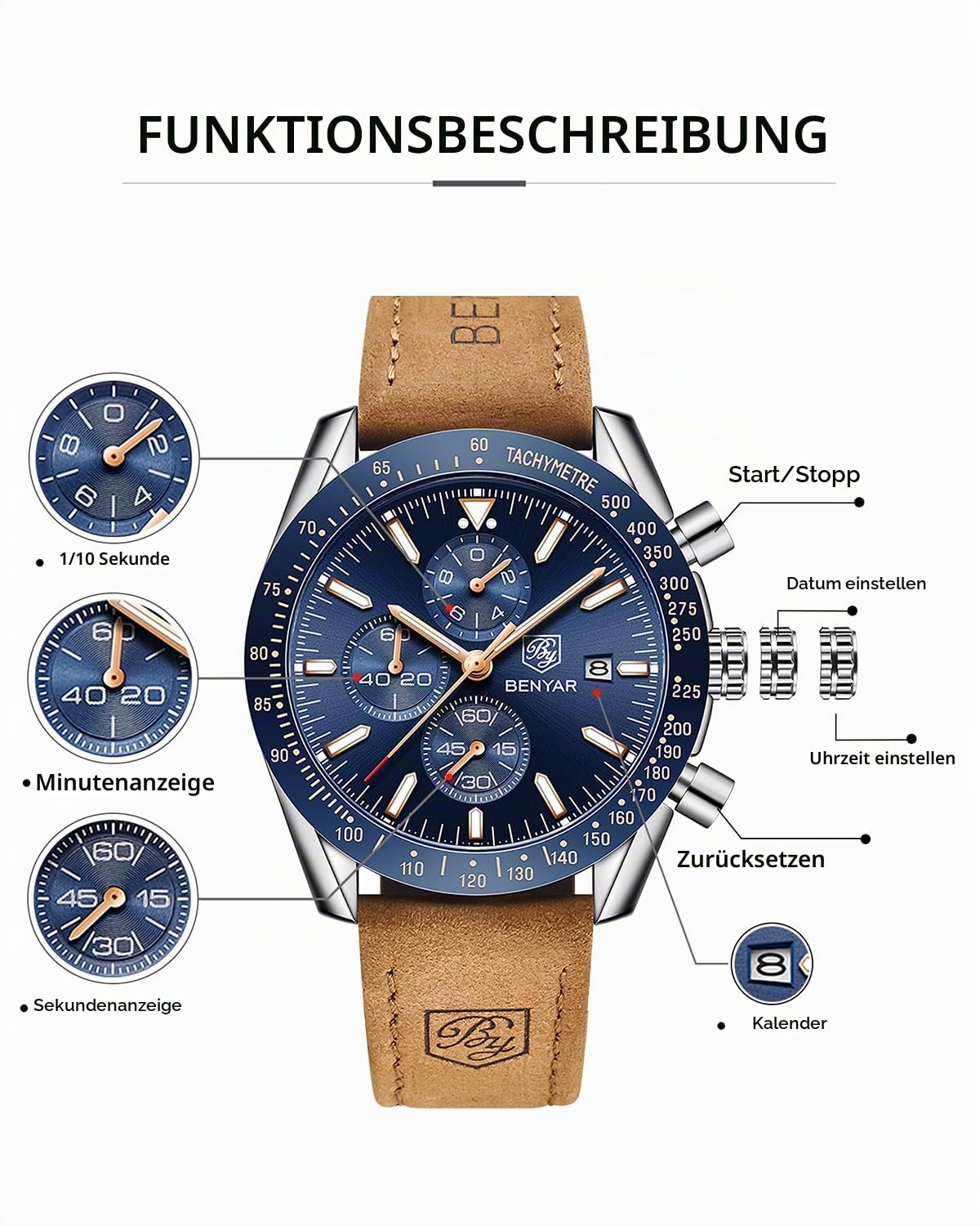 BY BENYAR Uhren Herren Chronograph Analog Quarz Wasserdicht Herrenuhr Mode Lässig Sport Business-Kleid Uhren fur Männer Elegantes Geschenk