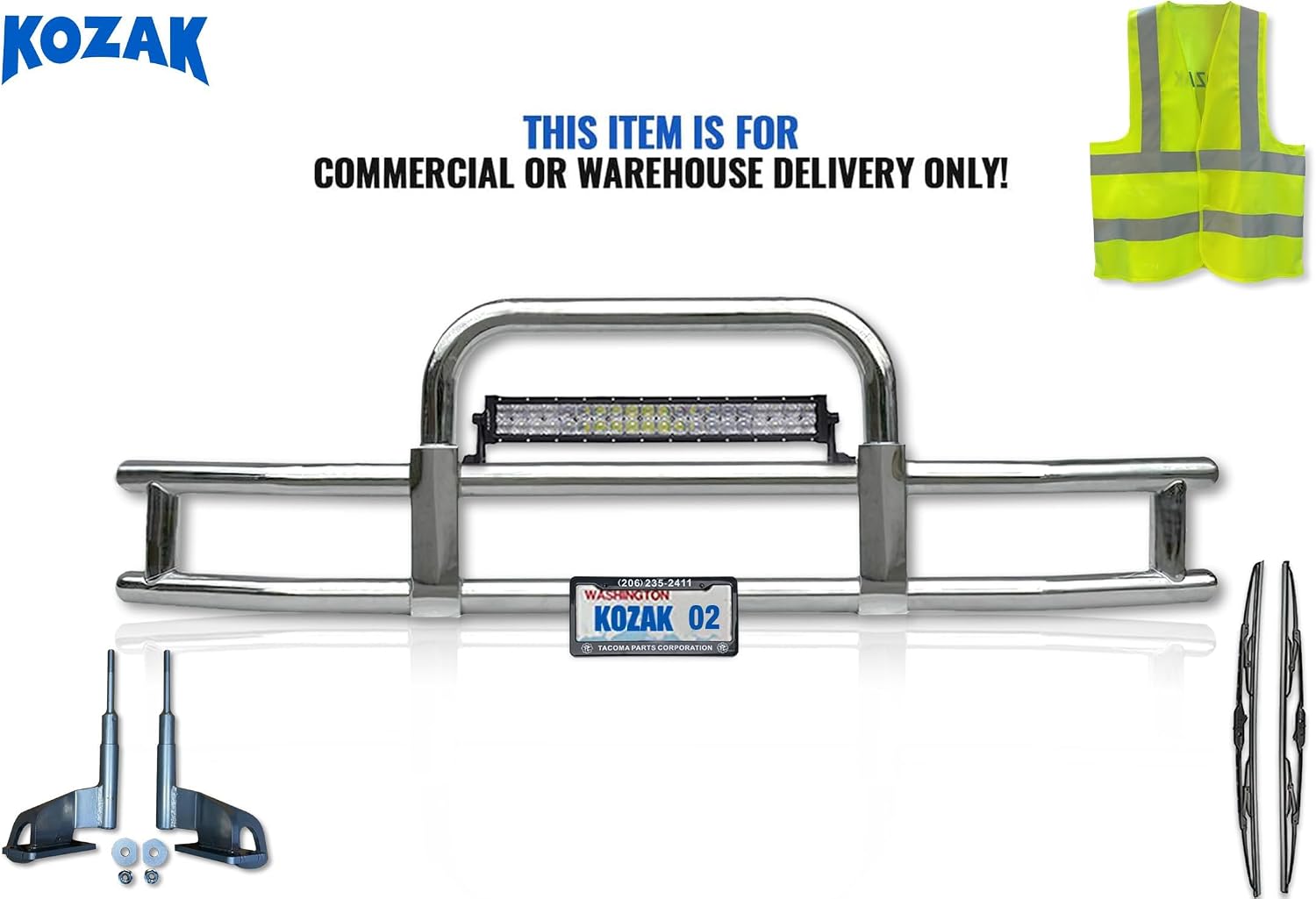 Bumper Grille Deer Brush Moose Guard - Square - 22 inch LED bar 120W, License Plate Holder, Bracket, Logo, Wipers and Reflective Vest Included Compatible With Freightliner Cascadia 2008-2017