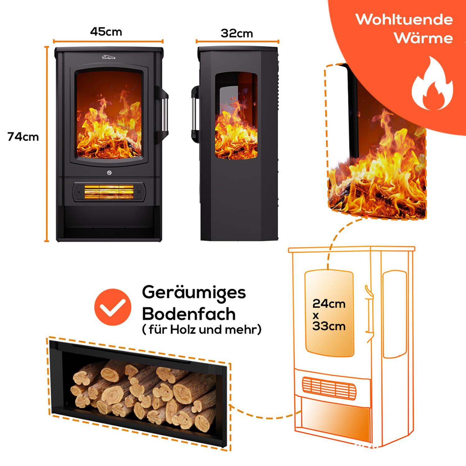 Tronitechnik® Elektrokamin elektrisch - Kaminfeuer mit LED Flammeneffekt, 1kW/2kW Watt Kamin, mit Thermostat Panorama-Sichtfenster Heizfunktion, 2 Heizstufen, mit Ventilation
