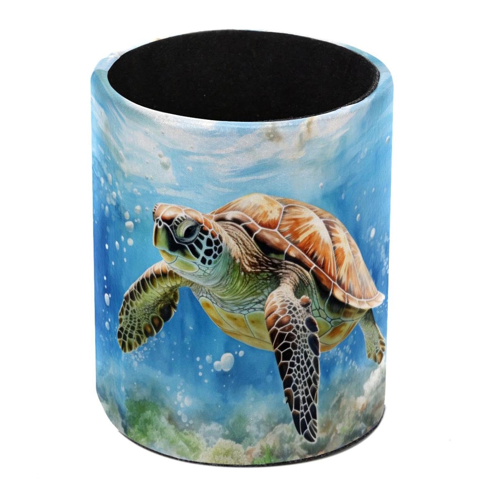 FWJZDSP Leather Pen Pencil Holder Underwater Turtle Coral Pen Cup Makeup Brush Holder, Leather Desktop Organizer Storage Case Stationery for School Home Office Supplies