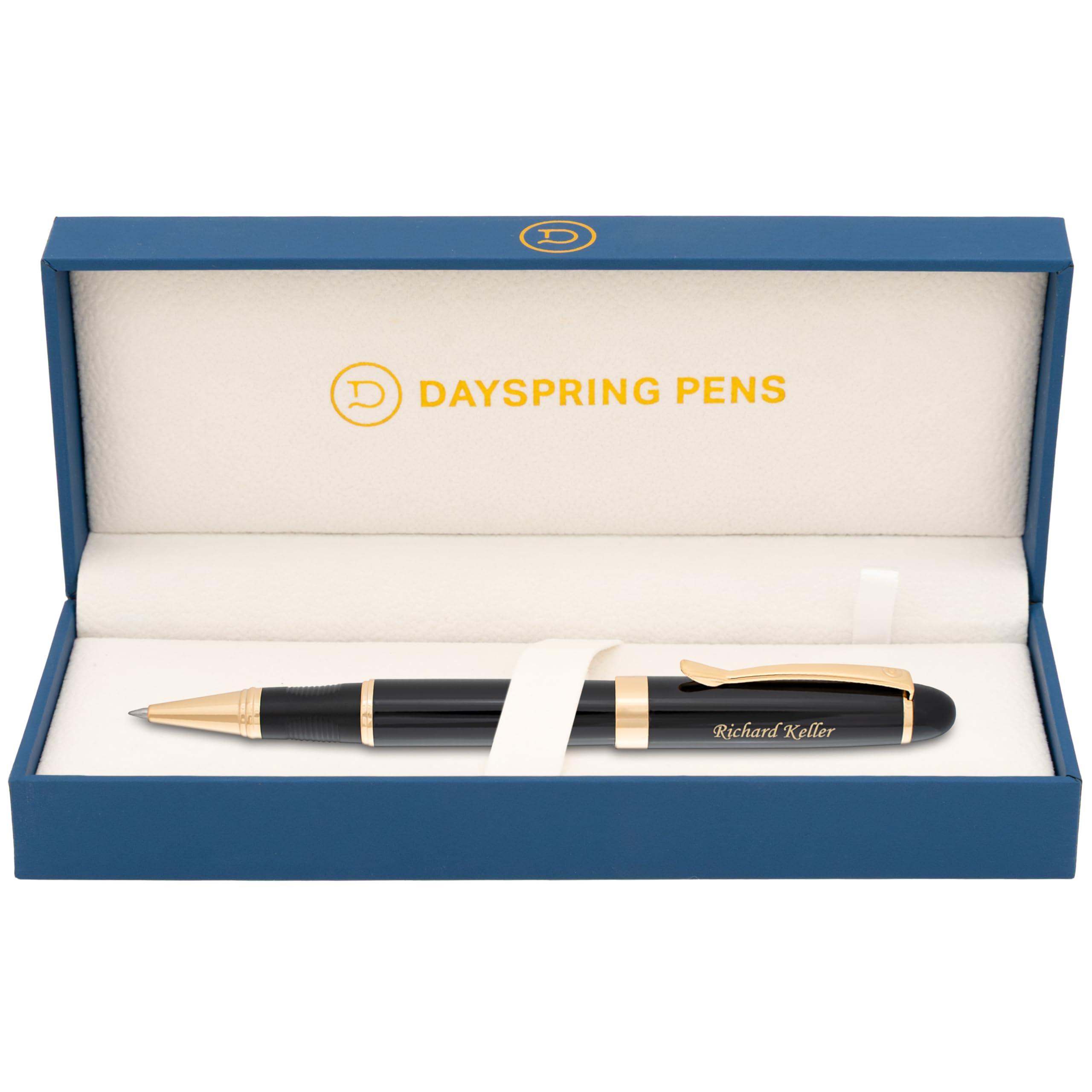 Dayspring Pens Engraved Alexandria Rollerball Pen with Gift Box, Black Finish, and Gold Trim. Engraved With a Name or Personal Message. Smooth Black