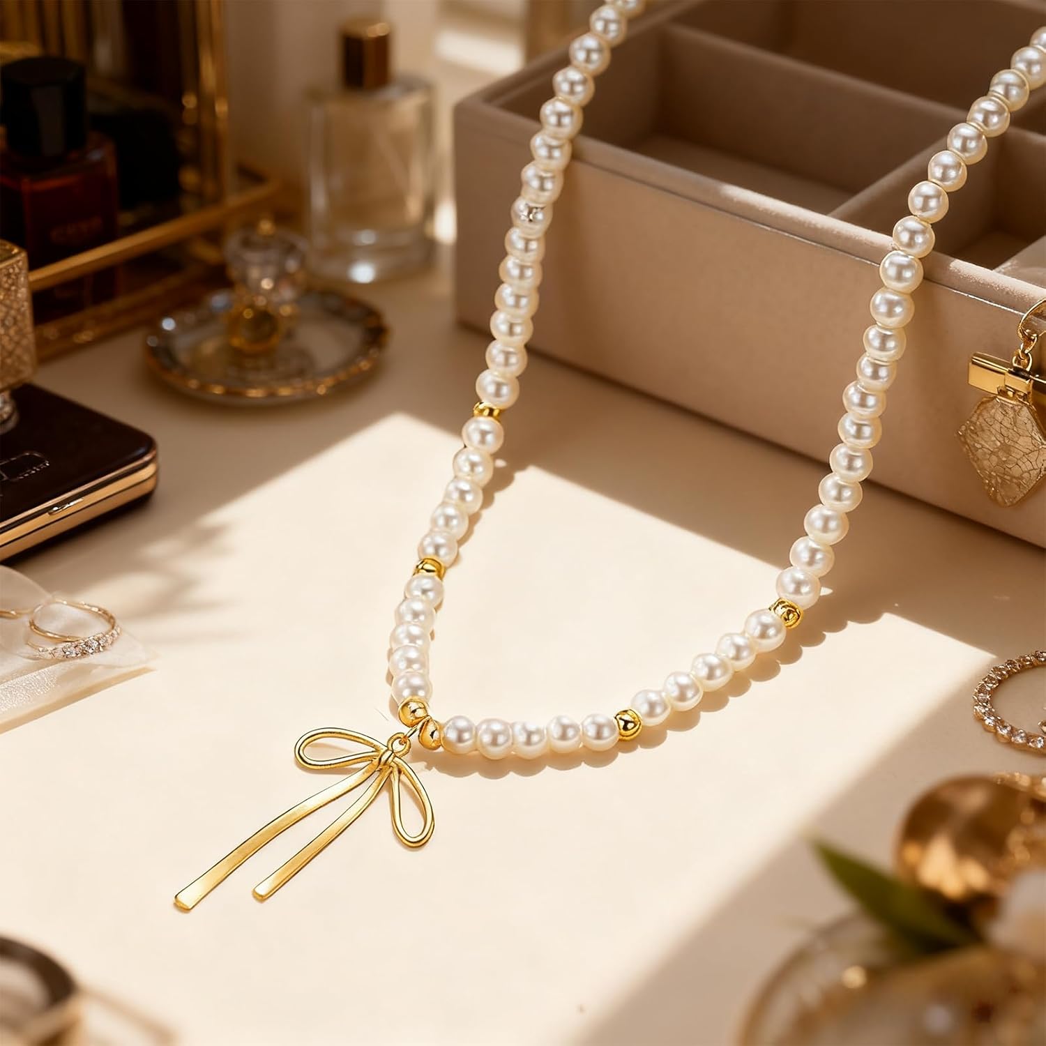 Pearl Bow Necklace for Women Gold Bow Pendant Necklace Rhinestone Bowknot Necklace Ribbon Necklace Wedding Christmas Prom Jewelry Gifts - Image 4