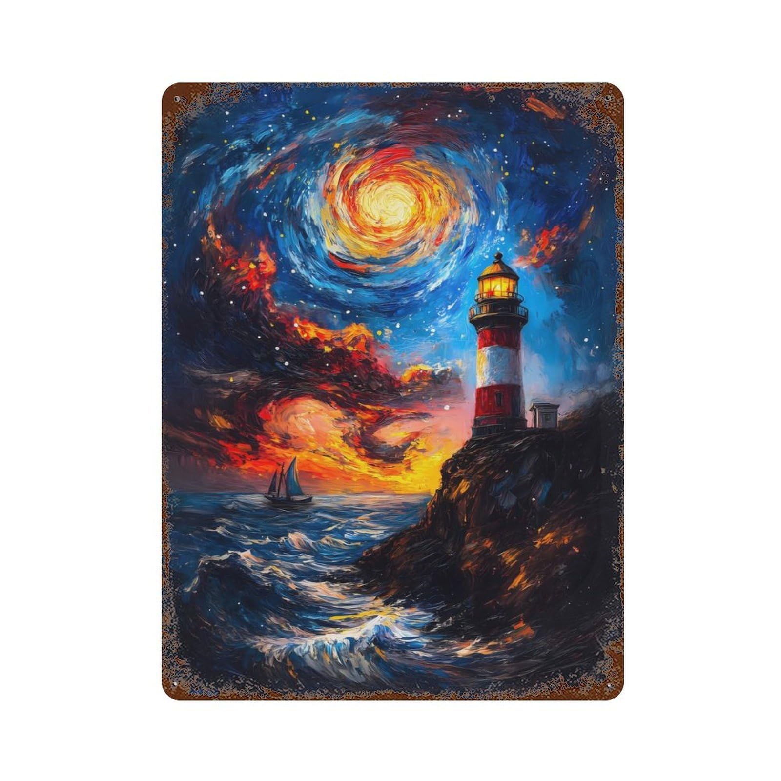 Lighthouse Under Starry Sky Vintage Metal Tin Sign 15.7"x11.8", Farmhouse Wall Decor for Living Room, Hallway And Home Decor