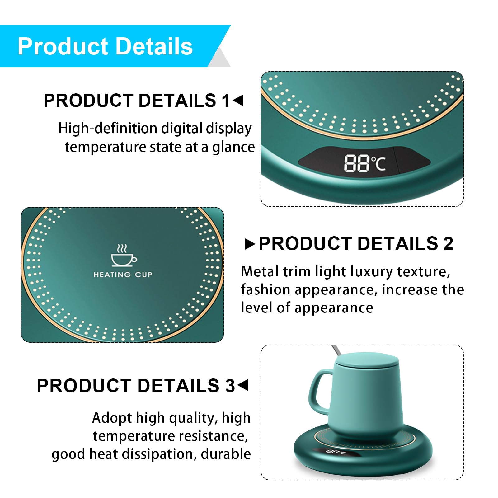 GOMETY Scaldacaffè Elettrico, 3 Impostazioni di Temperatura, Scalda Tazze Elettrico, Spegnimento Automatico, Verde