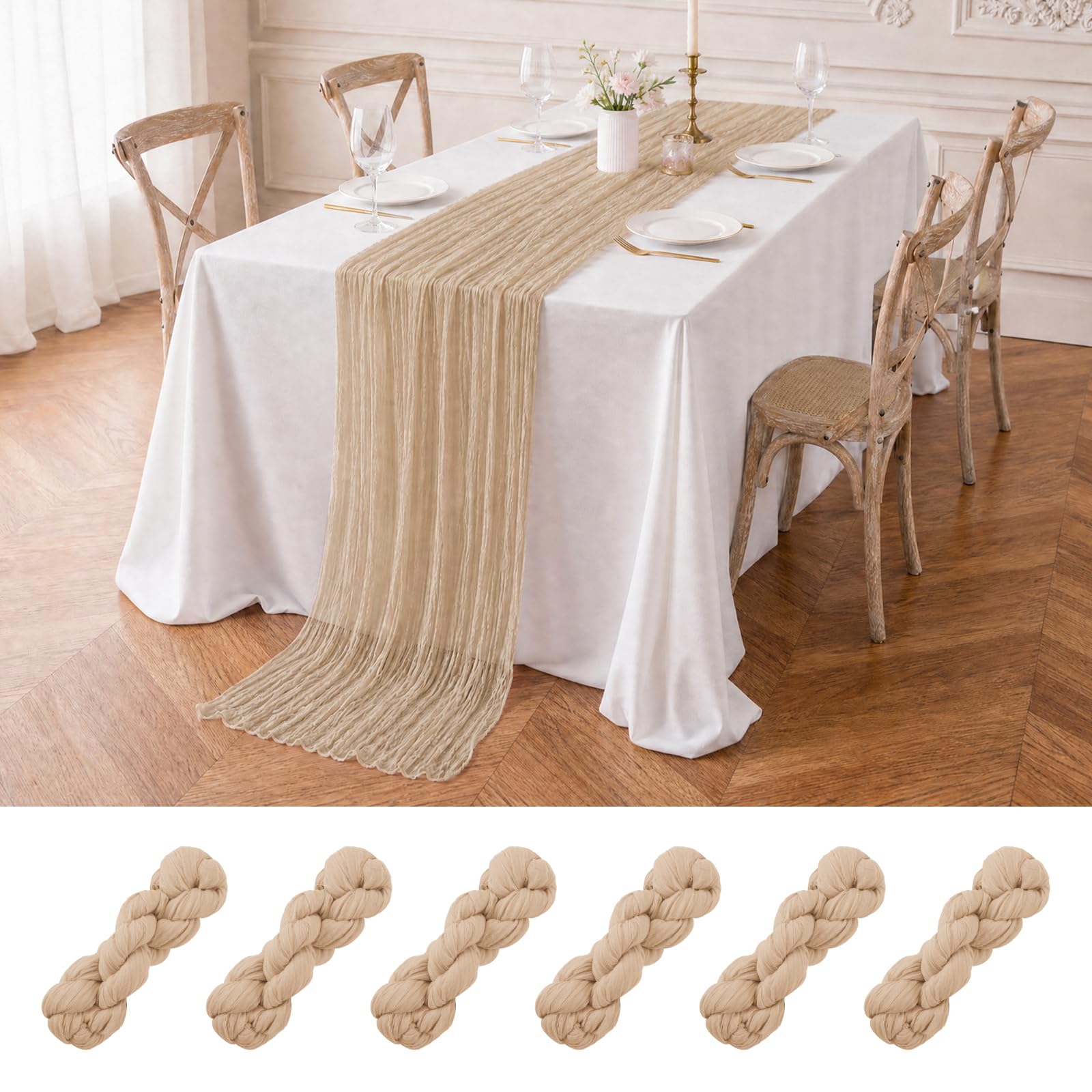 6 PCS Beige Table Runner,90x300cm Cheesecloth Table Runners,Romantic Sheer Tablerunner,10FT Gauze Boho Table Runner,Rustic Cheese Cloth Table Runner for Wedding Party Bridal Shower Table