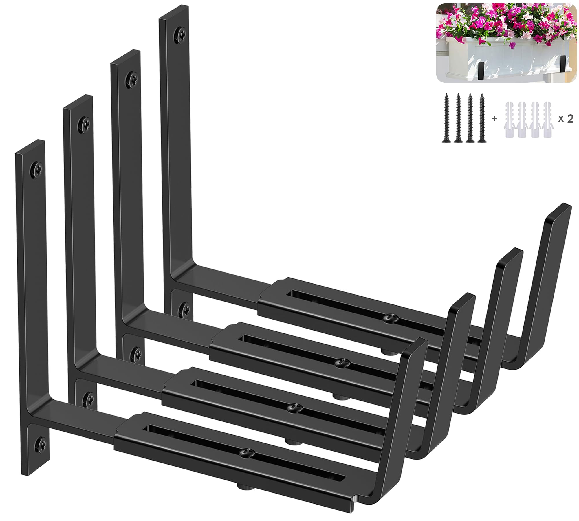 Y&M Adjustable Planter Brackets (6 to 12.5 in), Heavy Duty Iron Window Box Mounting Hooks for Balcony, Fences, Patio, Garden - Black