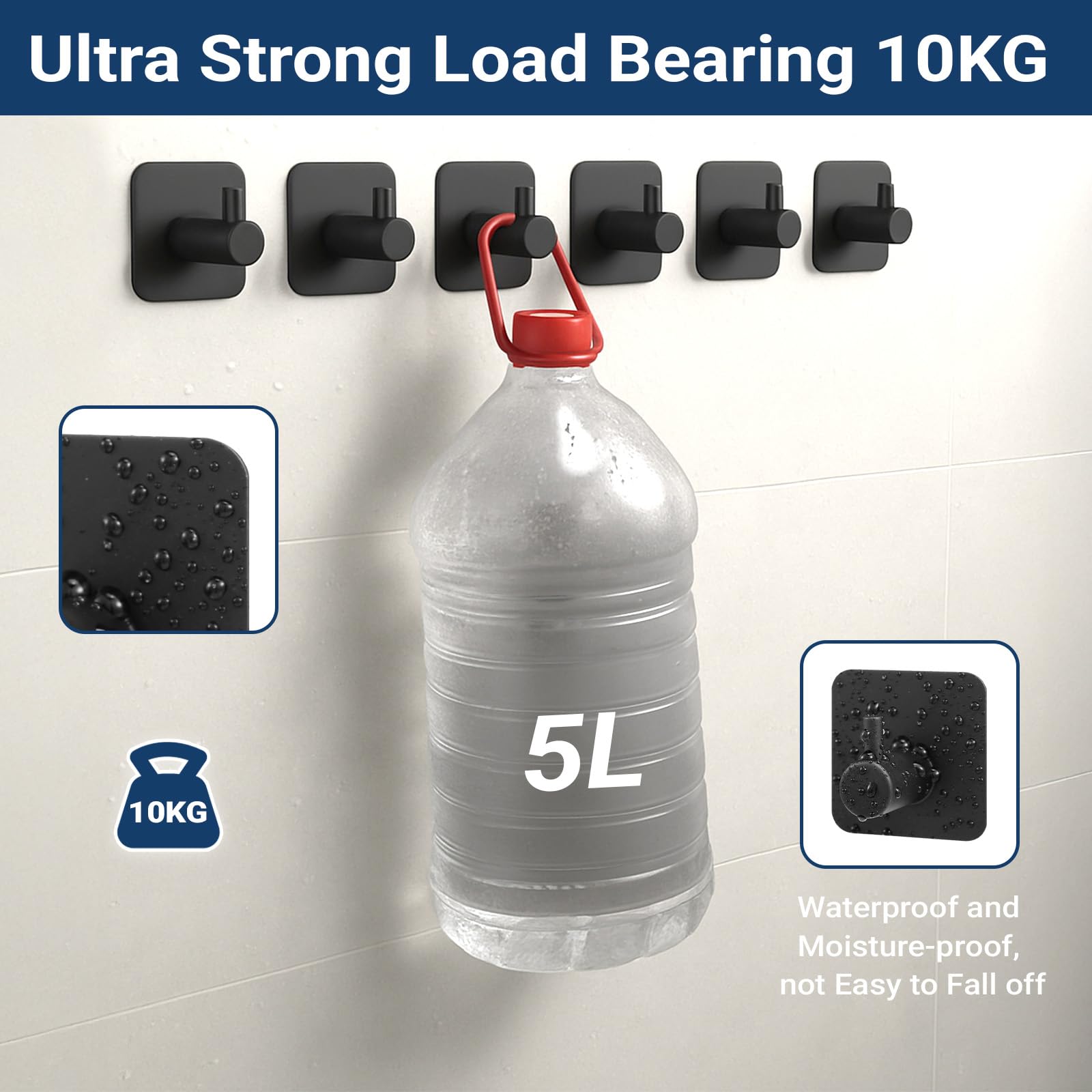 6 Ganchos Adhesivos para Pared Colgadores Adhesivos sin Taladro de Acero Inoxidable 304 con Soporte 10kg Adhesivo 3M Resistente al Agua y óxido para Baño Cocina y Sala Negro 4.5x4.5x2.7cm