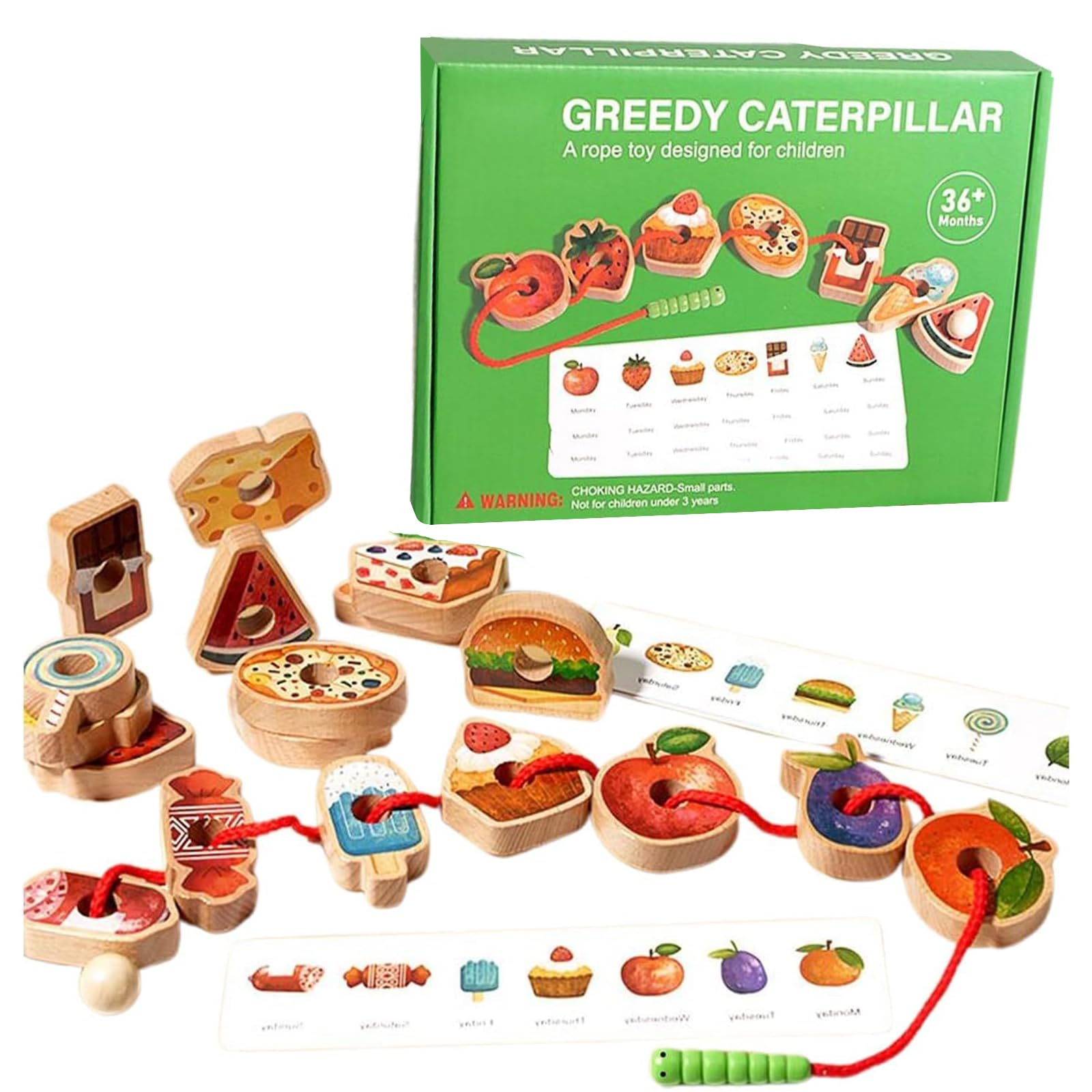 TASBER Wooden Greedy Caterpillar Rope Toy, Educational String Beaded Toys with 18 Fruit & Veggie Beads, 8 Pattern Cards, Montessori Fine Motor Skills Farm Toy for 3+ Year Old