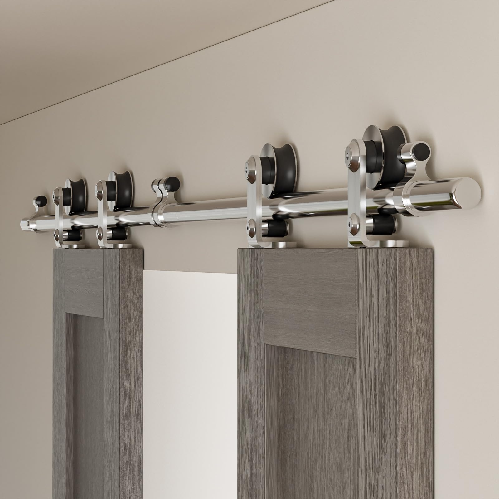 8FT/2.43M Acciaio Inossidabile Kit Accessori per Porta Scorrevole in Legno, Ferramenta Porta Scorrevole Per Doppia Porta