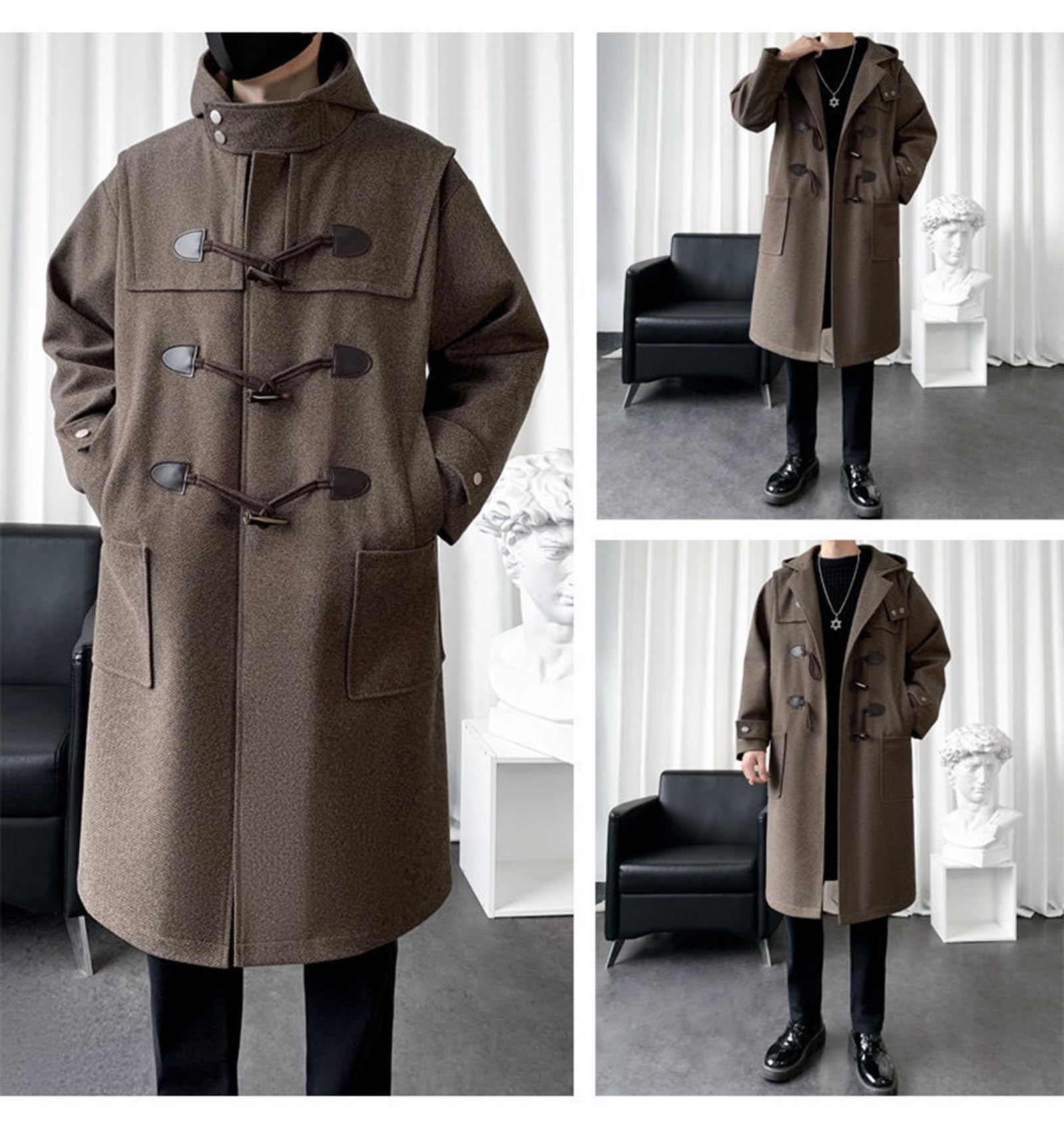 Męski płaszcz z kapturem, guziki rogowe, długa kurtka typu pea coat, casualowy płaszcz na jesień i zimę