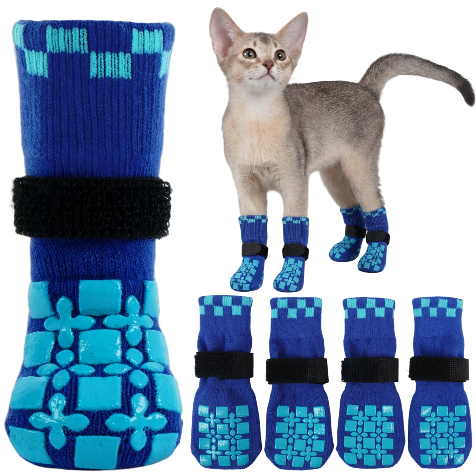ROZKITCH 2 Pairs Cat Sock for Injured Paws, Breathable Socks for Cats Stop Scratching Pet Paw Protectors for Injured Paws Protective Anti-Slip Grip Socks Foot Protector Kitten Blue 2XS