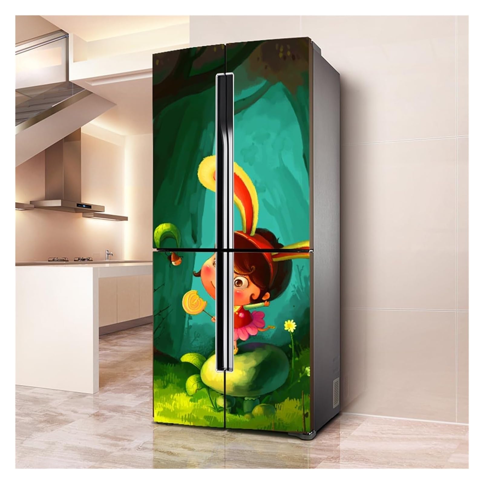 GDHKDDFL Minimalist, luxury-inspired fridge decals, Freezer Skins Wall Stickers for Kitchen Decal, Kid Cartoon Forest Girl(L: 100x180 cm)