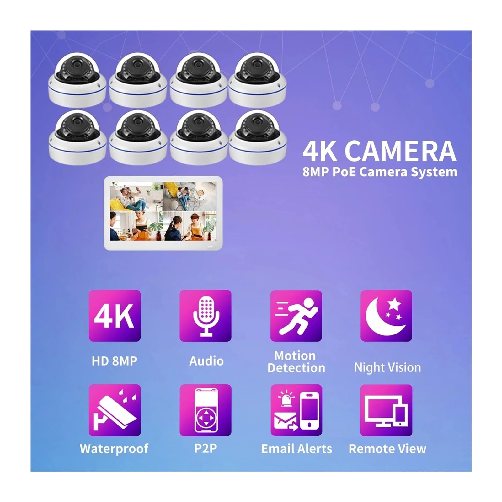 Système de caméras IP dôme extérieur 4K 8MP, écran LCD POE NVR(None,8CH NVR 6 Cameras)