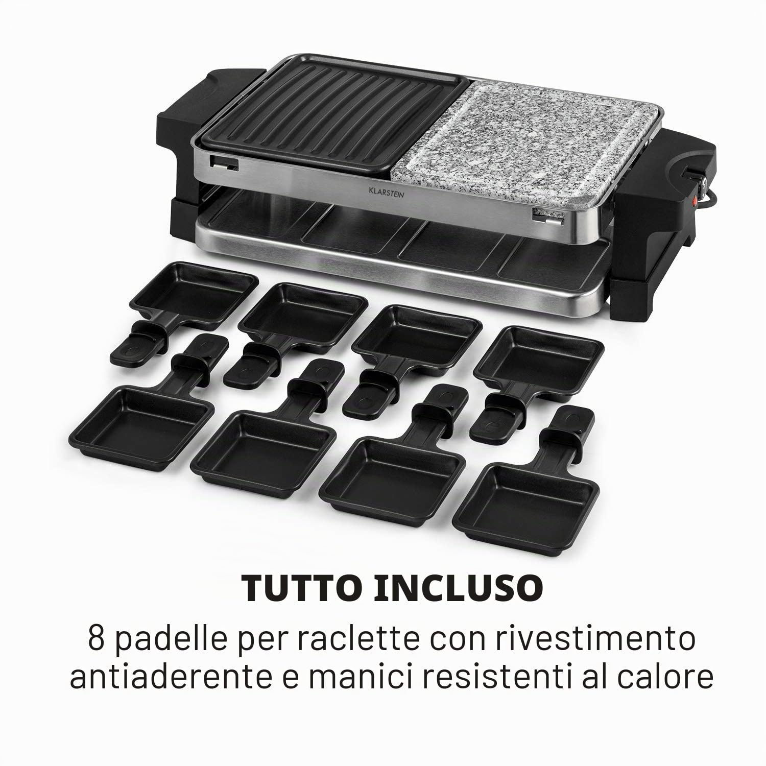Klarstein Sirloin - Piastra per Raclette, Padelle per Raclette, 1500 Watt, 2 in 1: Alluminio e Pietra Naturale, Termoelemento in Acciaio Inox, Termostato Regolabile, per 8 Persone, Acciaio
