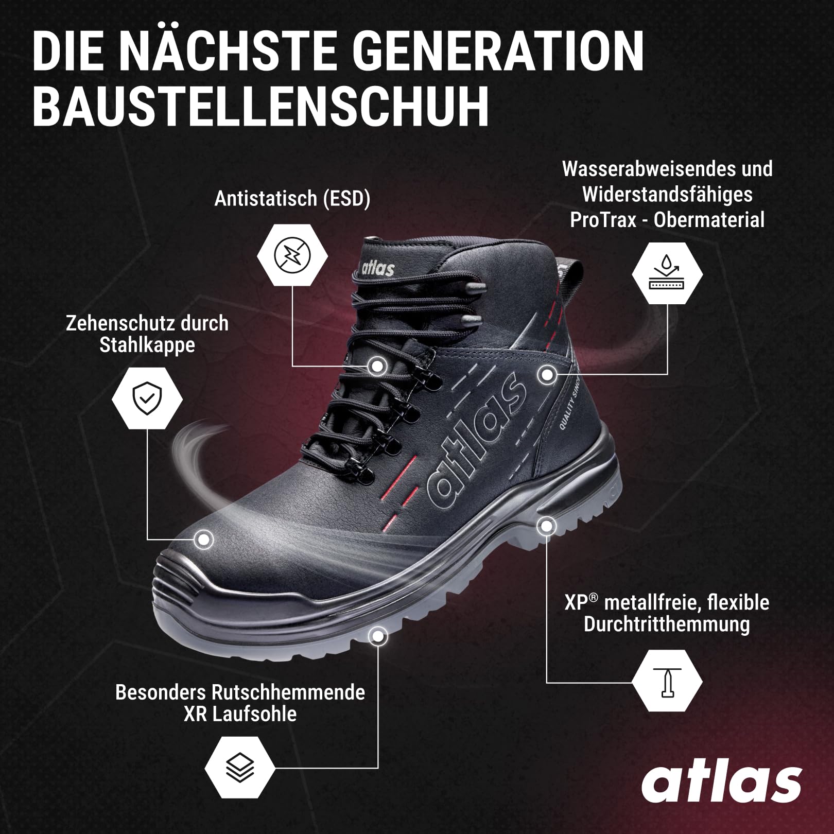 Atlas MAX 510 PRO S3S Sicherheitsschuh Weite 10, Stahlkappe, XP Durchtrittschutz, wasserdicht, rutschhemmend, BAU & Outdoor, ProTraX