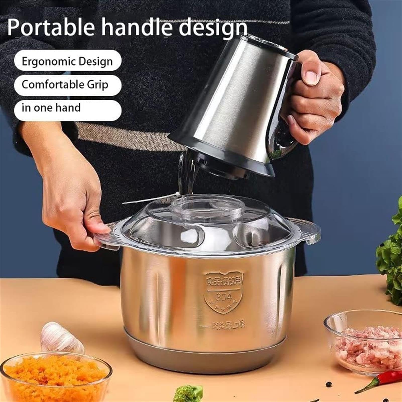Picadora eléctrica de alimentos, recipiente de acero inoxidable de 5 litros, batidora de 3 velocidades para carne, verduras, cebolla y ajo: herramienta versátil para moler y picar en la cocina.
