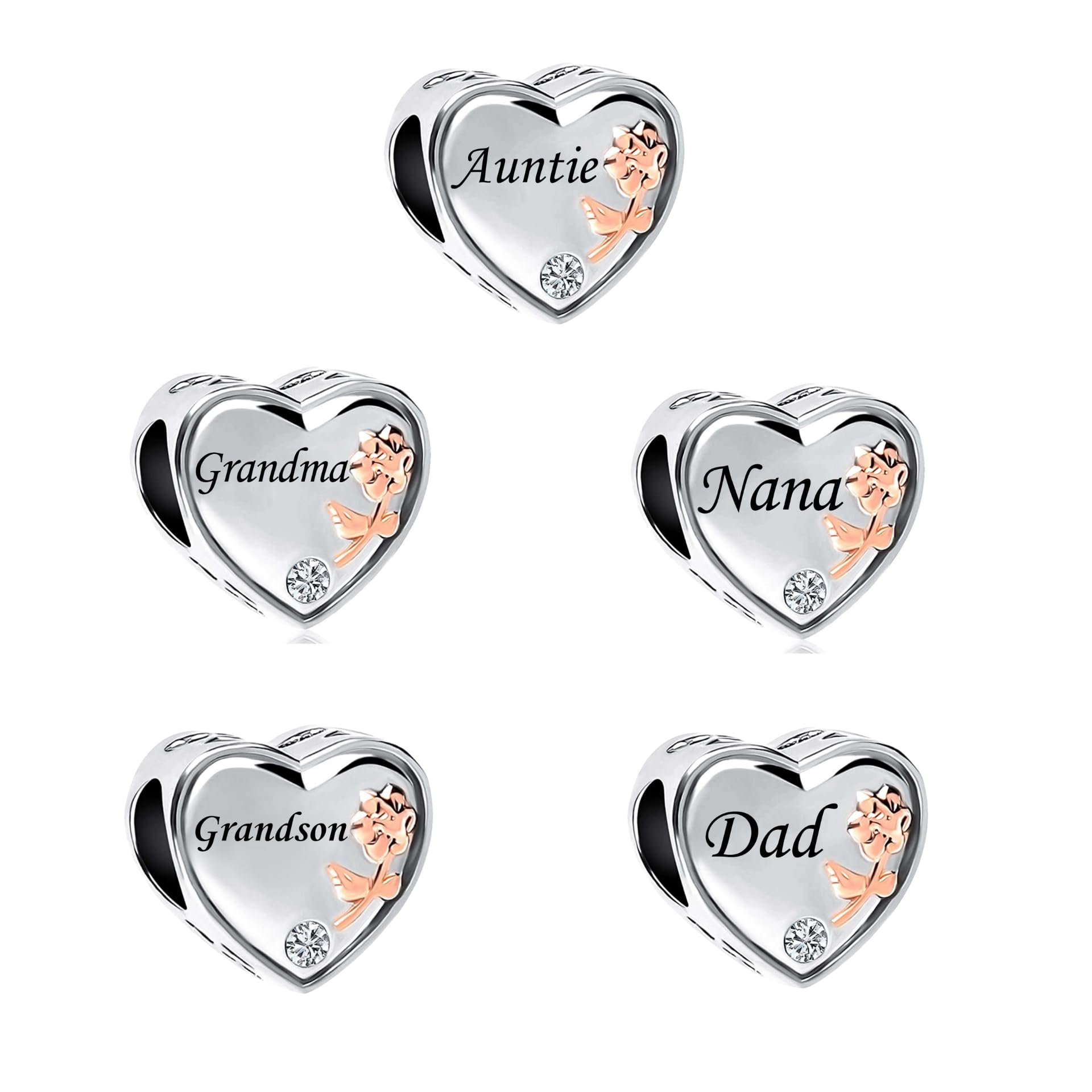 FGT Charm per ragazze e donne, per bracciali, collane, ciondoli, compatibile con braccialetti Pandora, in oro rosa, cuore, argento, regalo per papà, figlio, famiglia, nonno, mamma, sorella, anniversario, compleanno