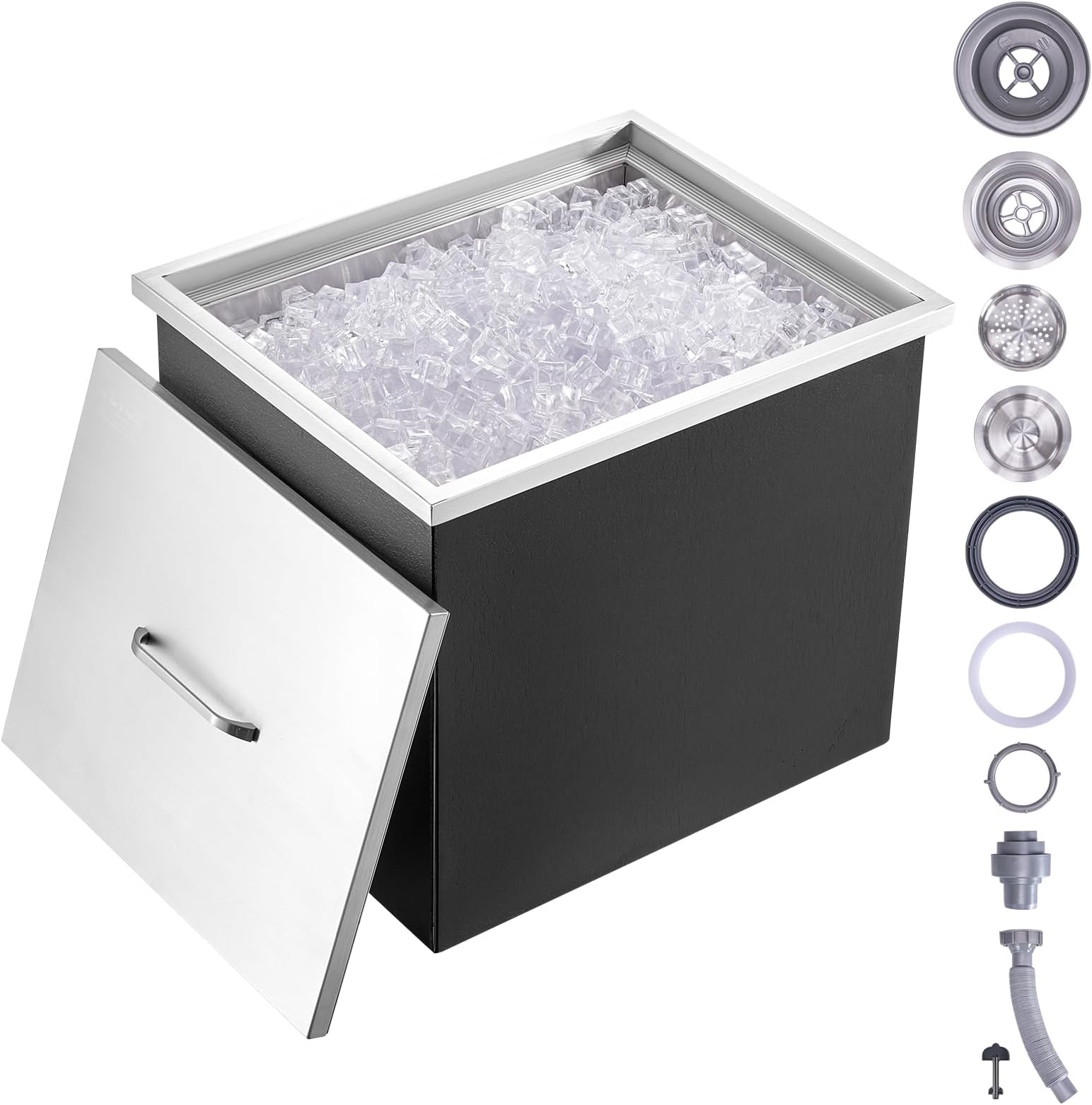 VEVOR Drop in Ice Chest, 21" L x 17" W x 18" H Stainless Steel Ice Cooler, Commercial Ice Bin with Cover, 40 qt Outdoor Kitchen Ice Bar, Drain-Pipe and Drain Plug Included, for Cold Wine Beer