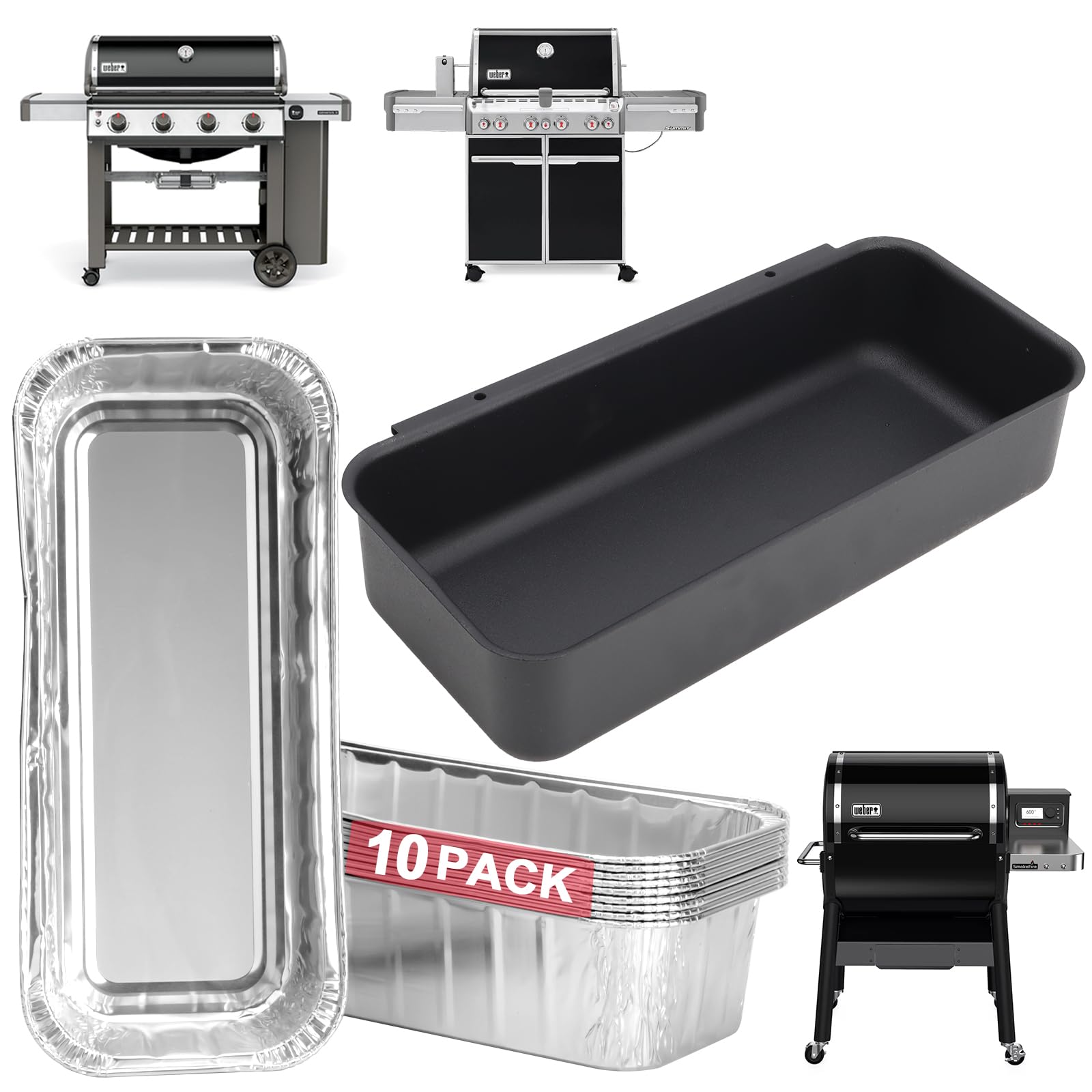 DcYourHome 70379 Auffangwannen-Set für Weber Summit 400/600, Genesis II & Genesis II LX 400 & 600 Serie Gasgrills (ab 2016), Fettschale mit 10 Stück 6498 Tropfwanneneinsatz für Weber SmokeFire EX4 EX6