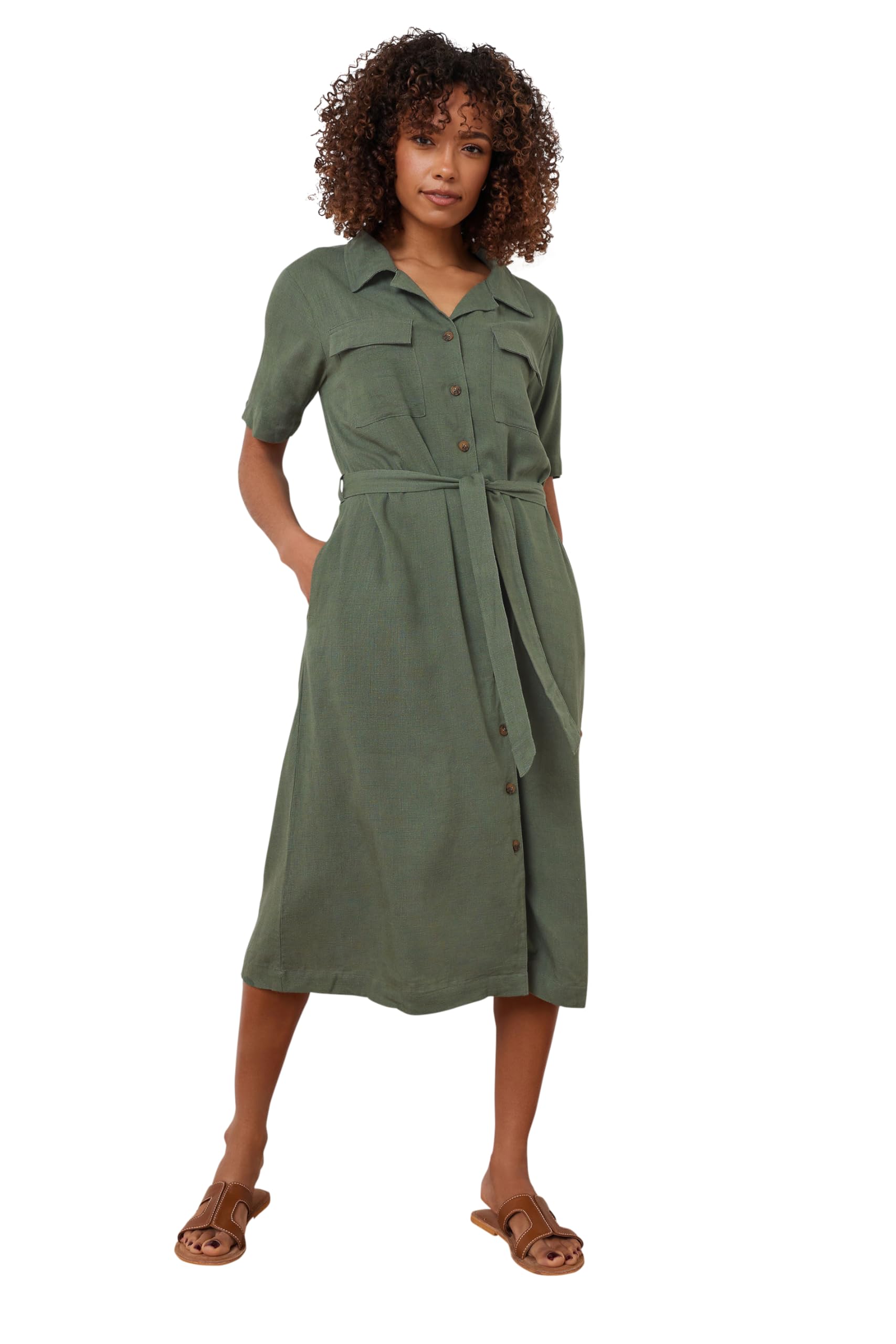 M&Co Linen Shirt Dress - Light Khaki - Size 14